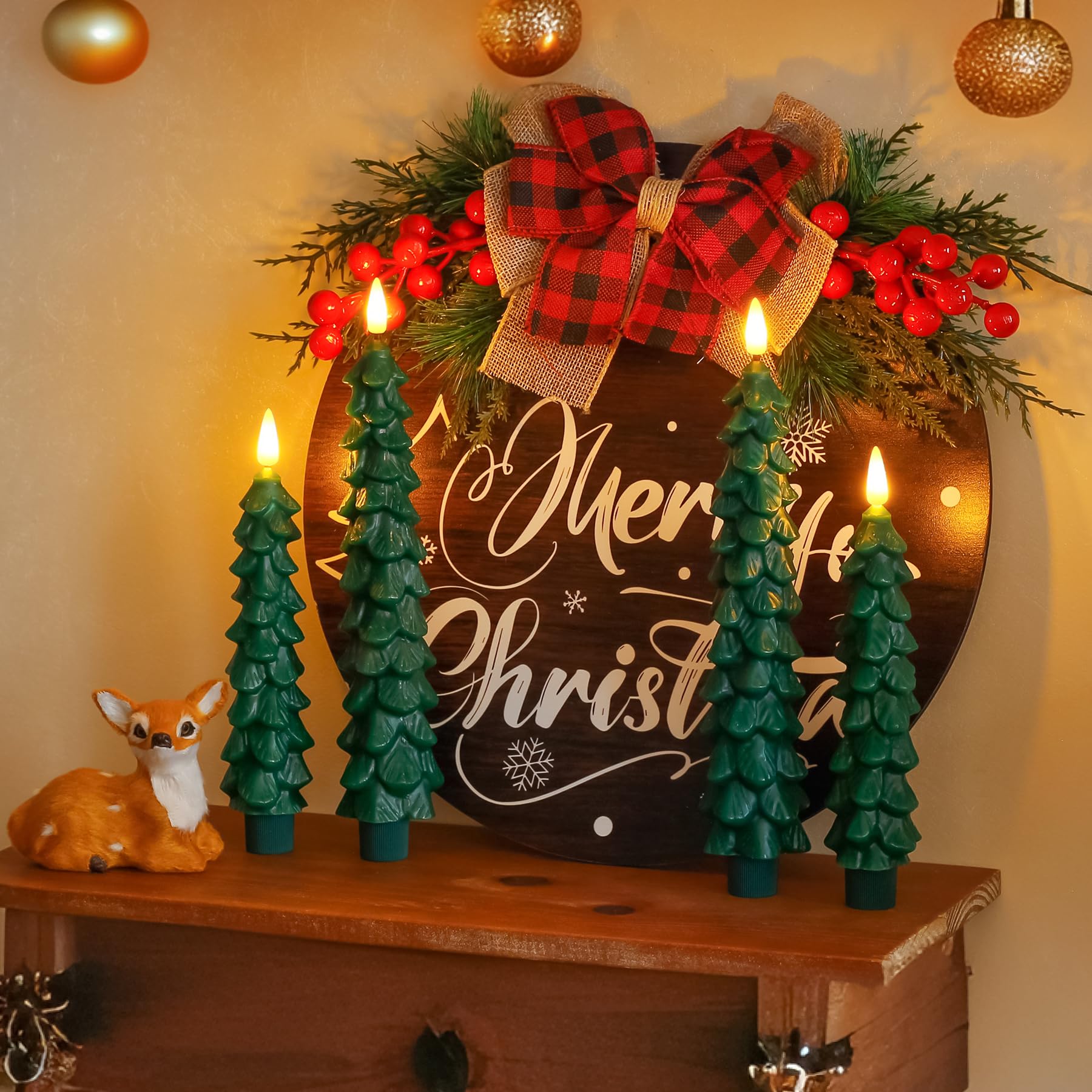 Zevanor Green Tree Flameless Real Wax Taper Candles With Remote Timer, Battery Operated Flickering 3D Wick Led Candlesticks 0.78