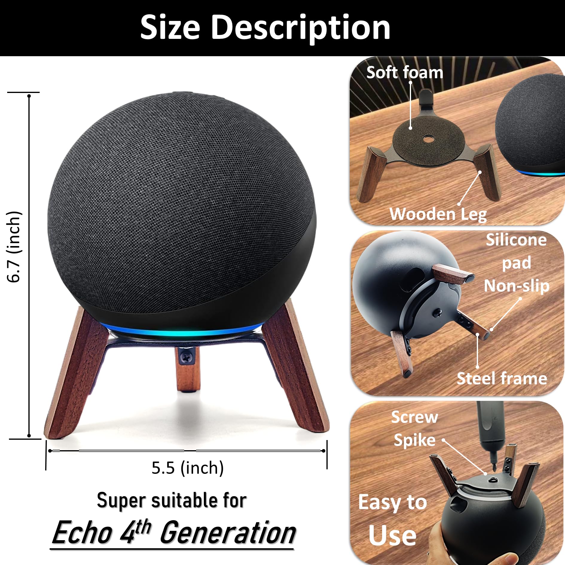 Real Wood Stand For Echo (4Th Gen) Speaker (2020),Tripod Holder Accessories Protect Alexa Speaker For Sound Better,Secure Stable Wooden Mount With Metal Frame For All New Echo 4Th Gen Speaker (Walnut)