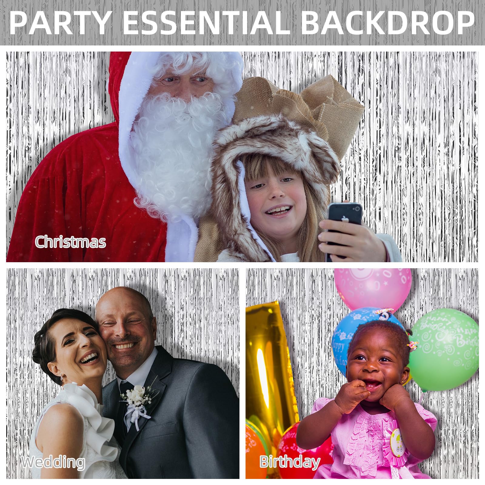 6 Pack Foil Fringe Backdrop Curtains, 3.28 X 8.2 Ft Silver Tinsel Streamers Metallic Tinsel Foil Fringe Curtains Photo Booth Bac