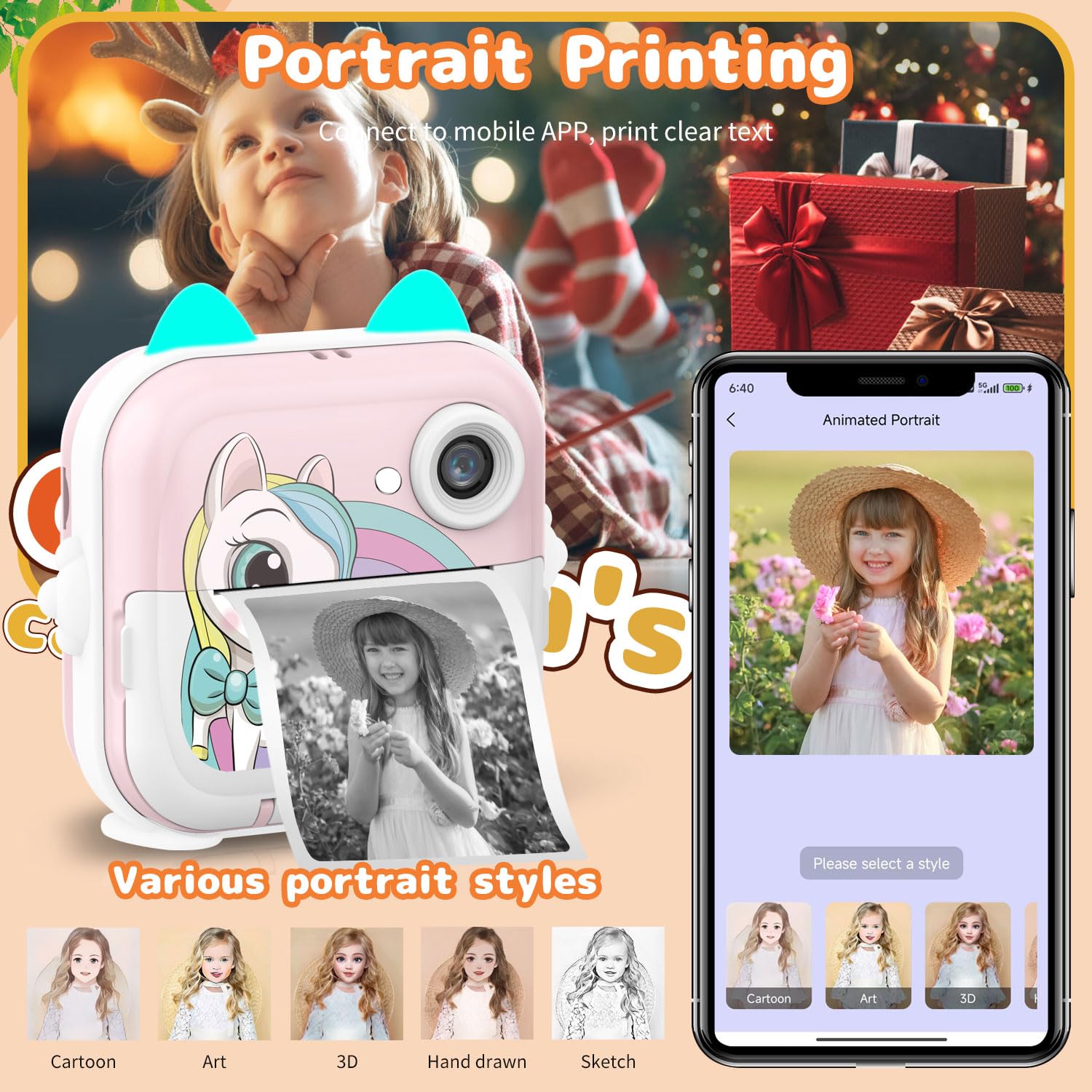 Instant Print Camera For Kids, Christmas Birthday Gifts For Girls Boys, Selfie Digital Camera With 1080P Videos, Portable Camera