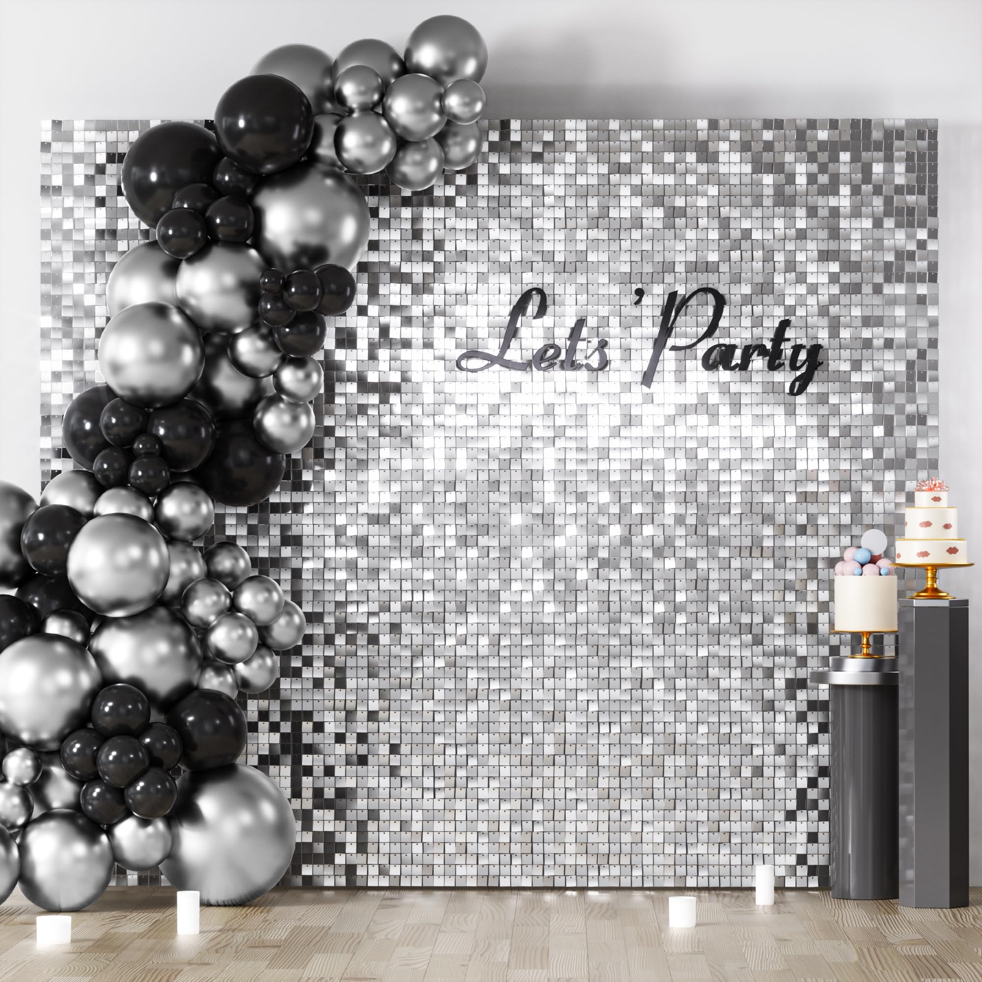 Cokaobe Silver Shimmer Wall Backdrop, 36Pcs Square Sequin Shimmer Backdrop Panel, Photo Backdrops For Birthday, Anniversary, Wed