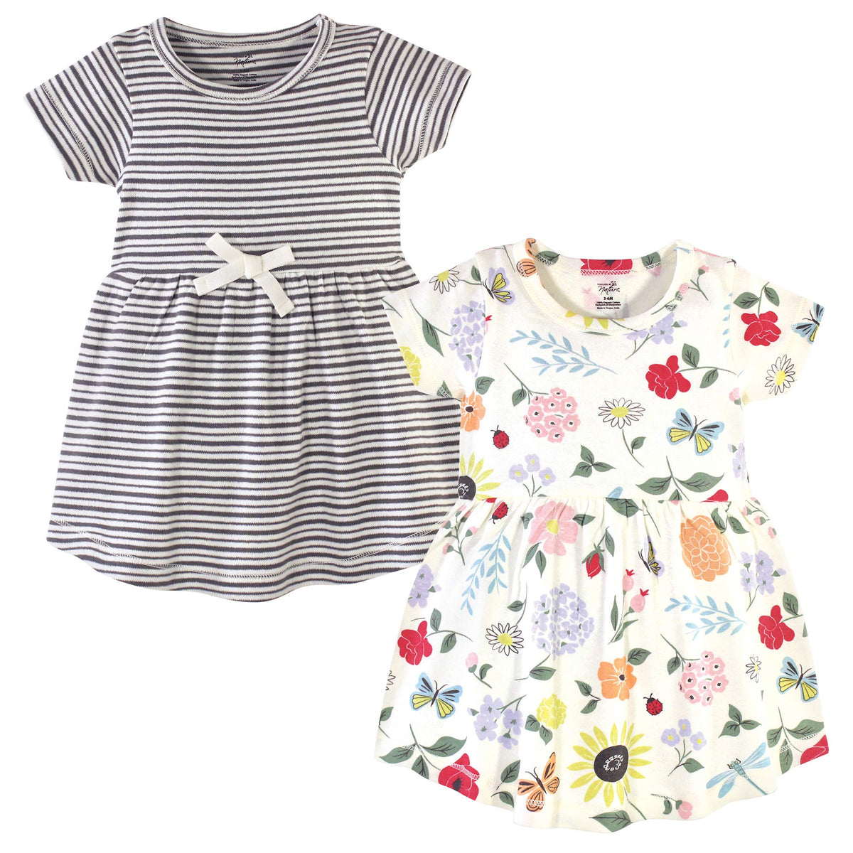 Touched By Nature Baby Girls Organic Cotton Short Sleeve And Long Sleeve Dresses Casual Dress, Toddler Flutter Garden Short Slee