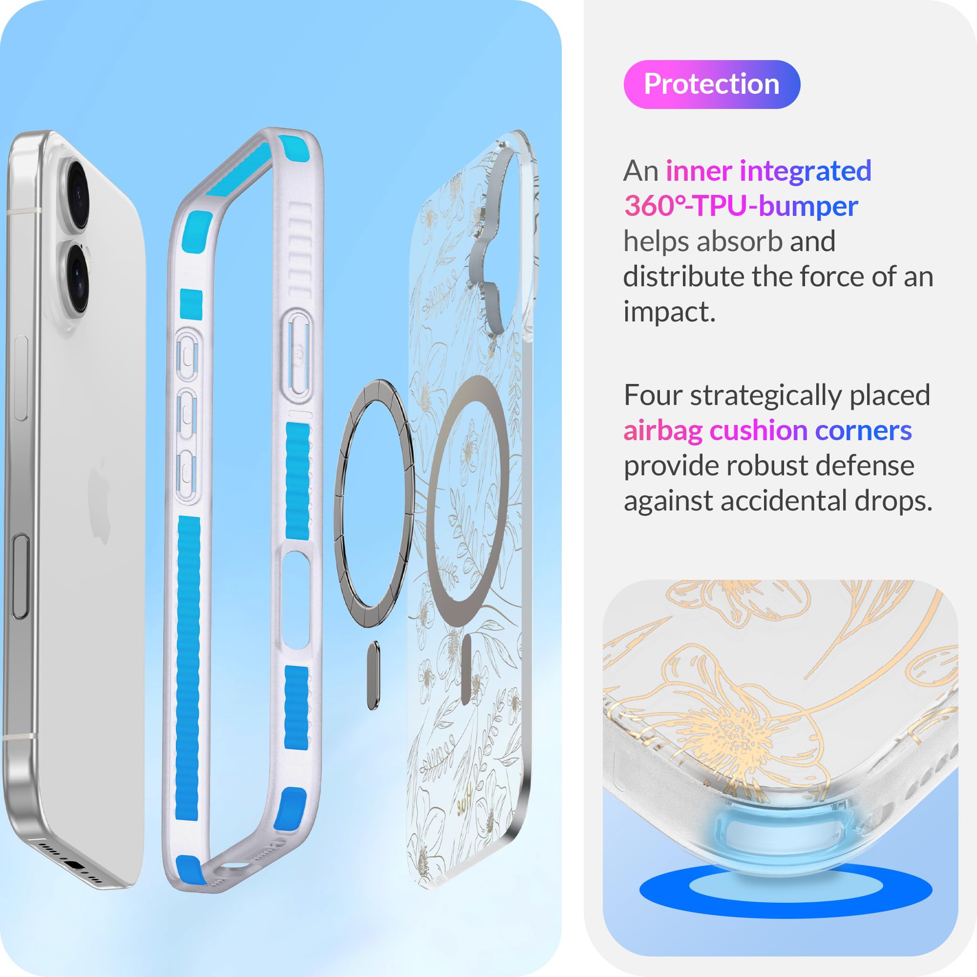 Lonli Hue   For Iphone 16 Case [Compatible With Magsafe]   Gold Floral Phone Case   [360 Shock Absorbent Bumper]   Cute, Unique