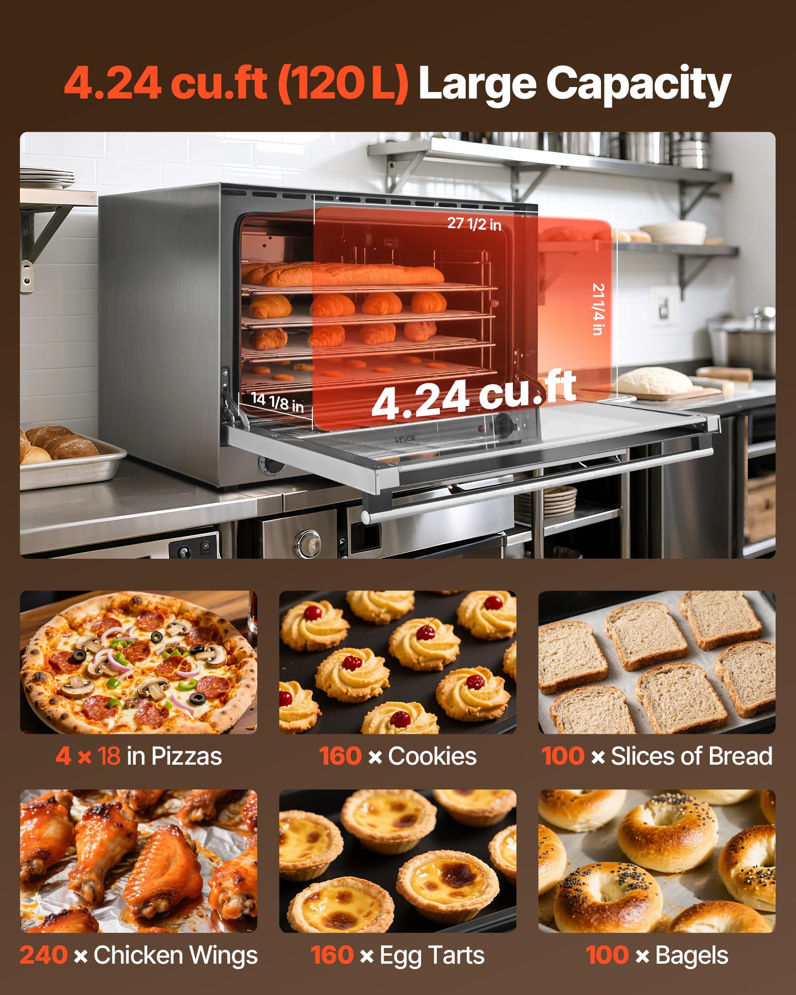 Vevor Commercial Convection Oven, 4.24 Cu.Ft Conventional Countertop Oven For Full-Size Pans, Electric Convection Ovens With 4 R