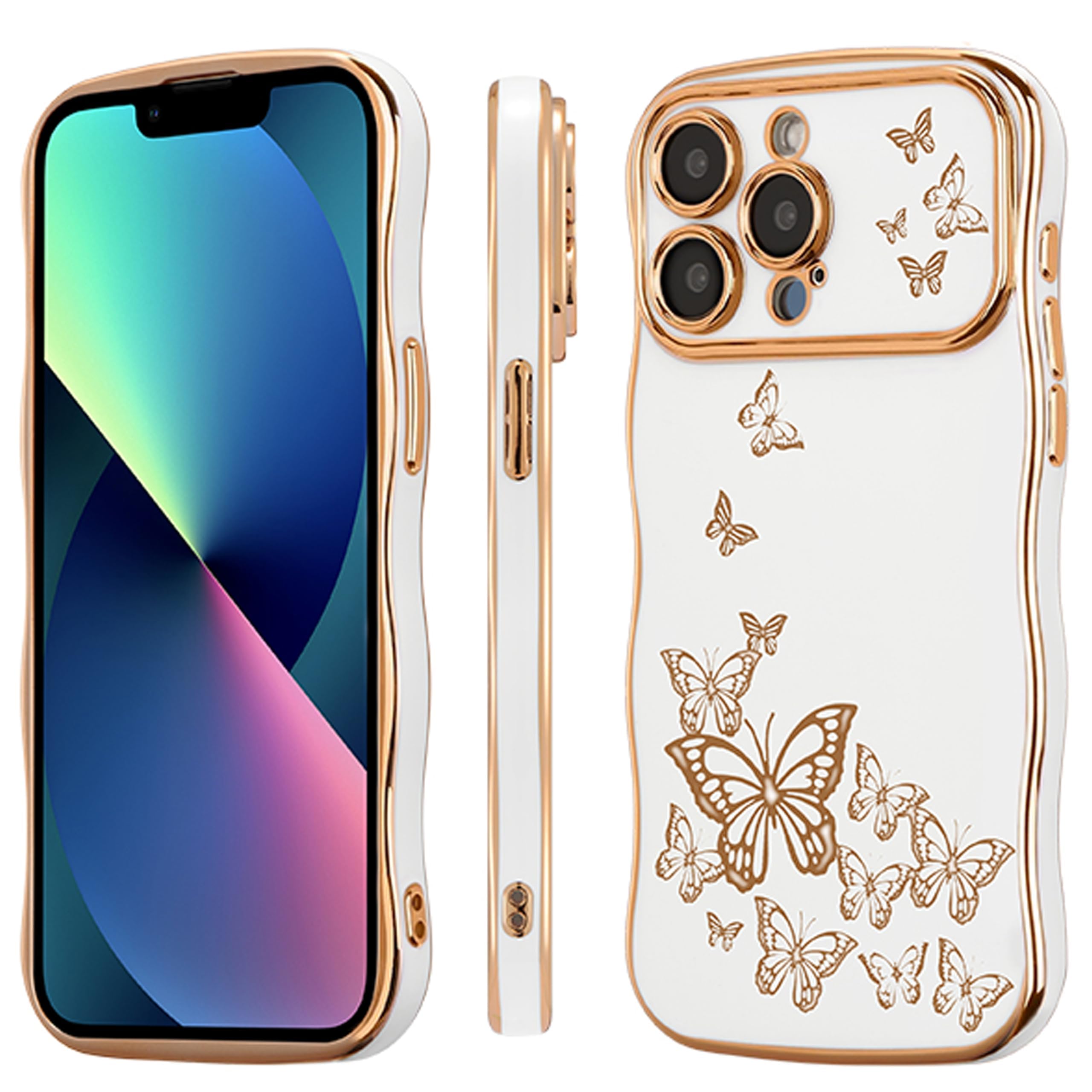 Ztofera For Iphone 13 Pro Max Case For Girl Women, Cute Curly Wave Frame With Luxury Plating Butterfly Pattern, Soft Tpu Shockpr