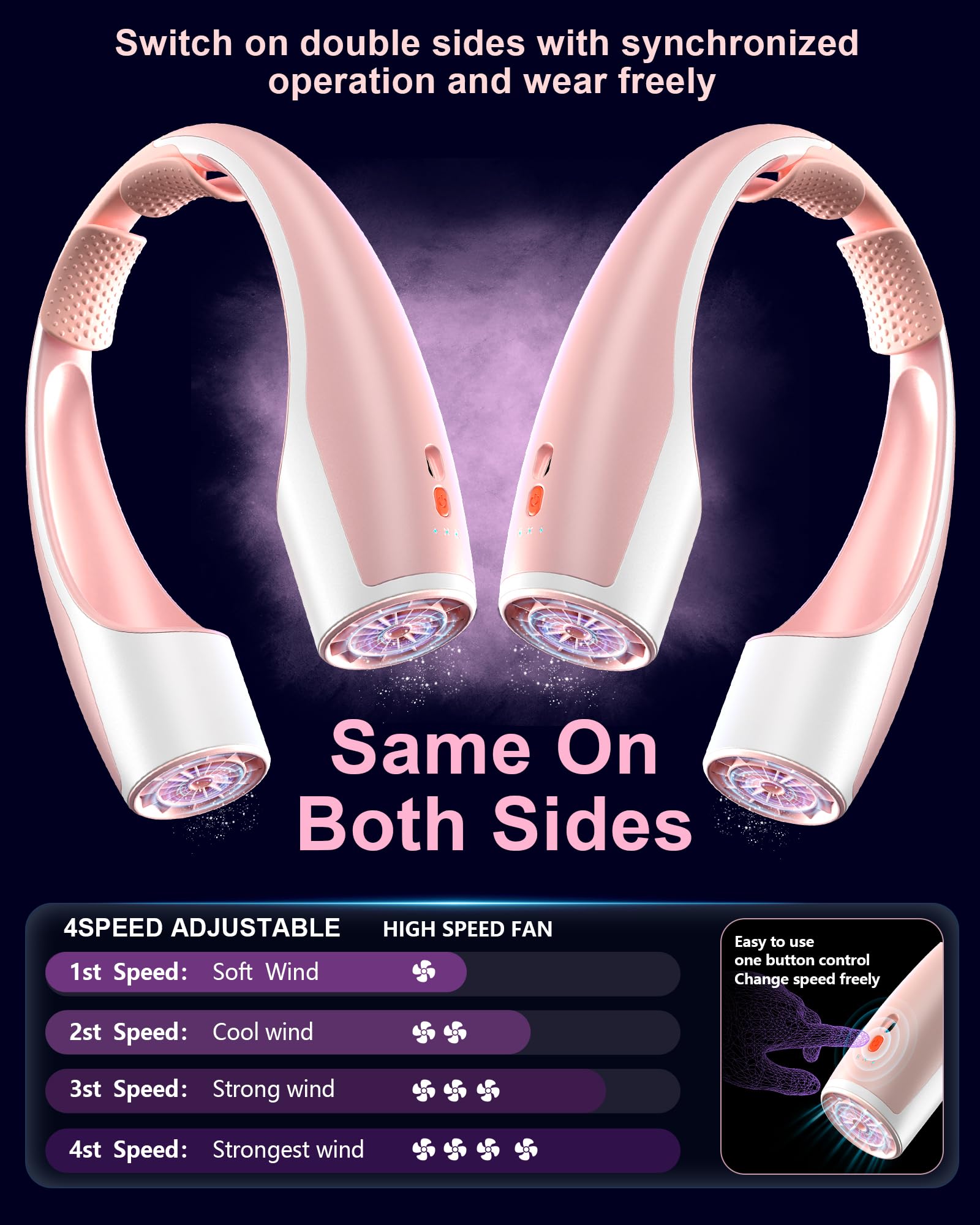 Rohent Neck Fan Portable For Travel: High Velocity 4 Speeds Cooling Personal Fan Lightweight Usb Rechargeable For Women Girls