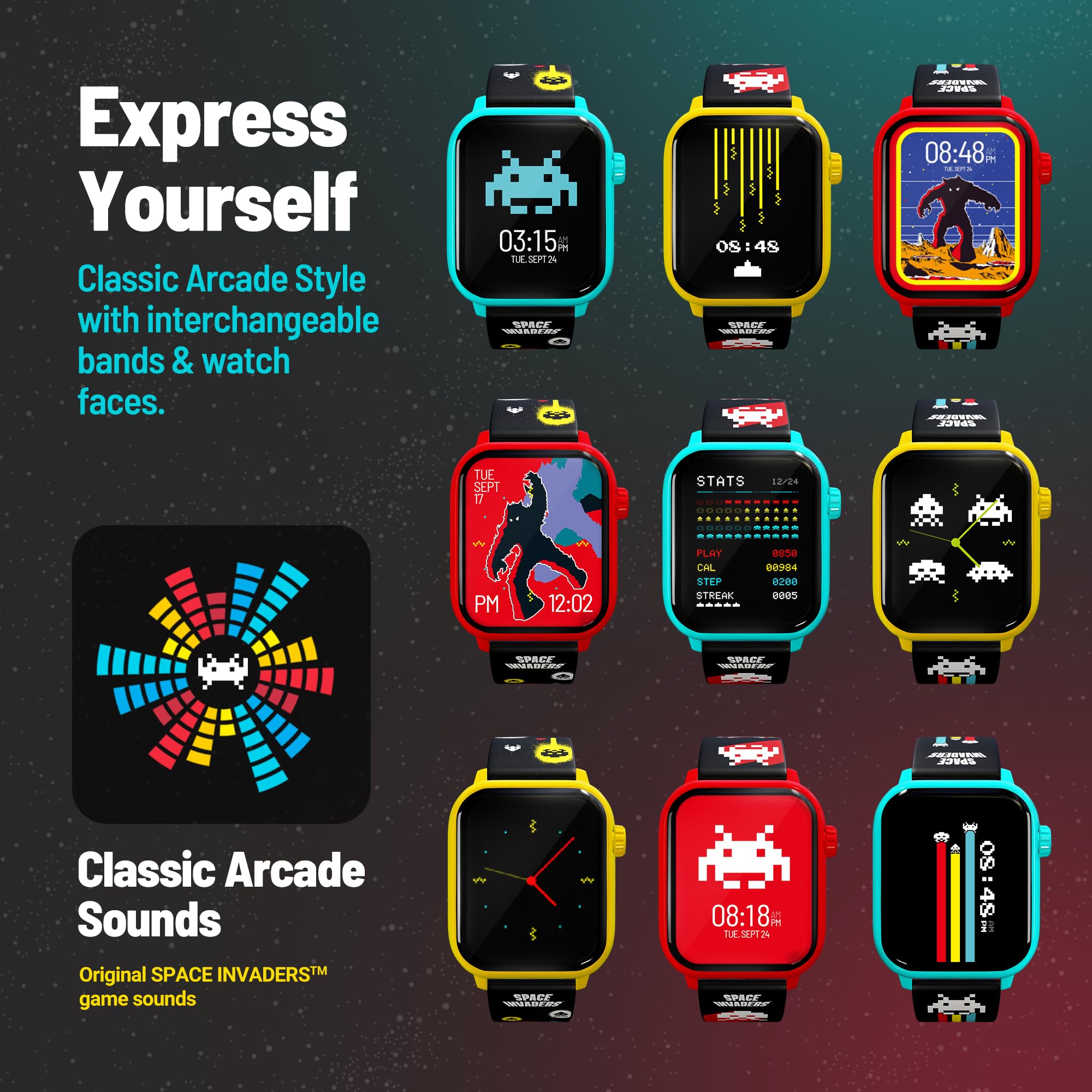 My Play Watch Space Invaders Retro Gaming Smartwatch, Selective Tech, Red Bezel, Non-Connected, Built-In Space Invaders Game, Cu