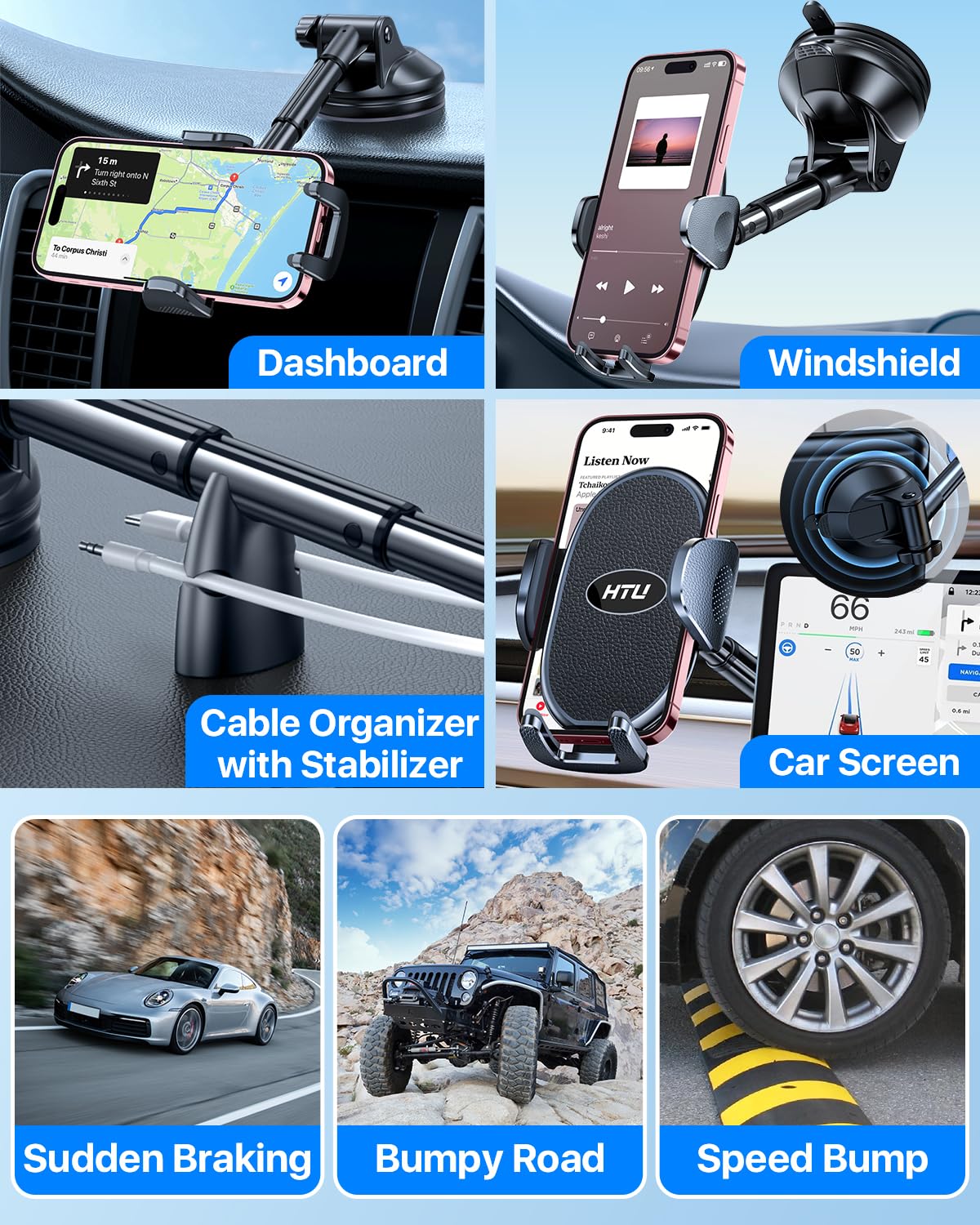 Htu ?Military-Grade Suction? 2025 Cell Phone Holder For Car?Flexible Telescopic Arm? Car Phone Mount Stand For Dashboard Windshi