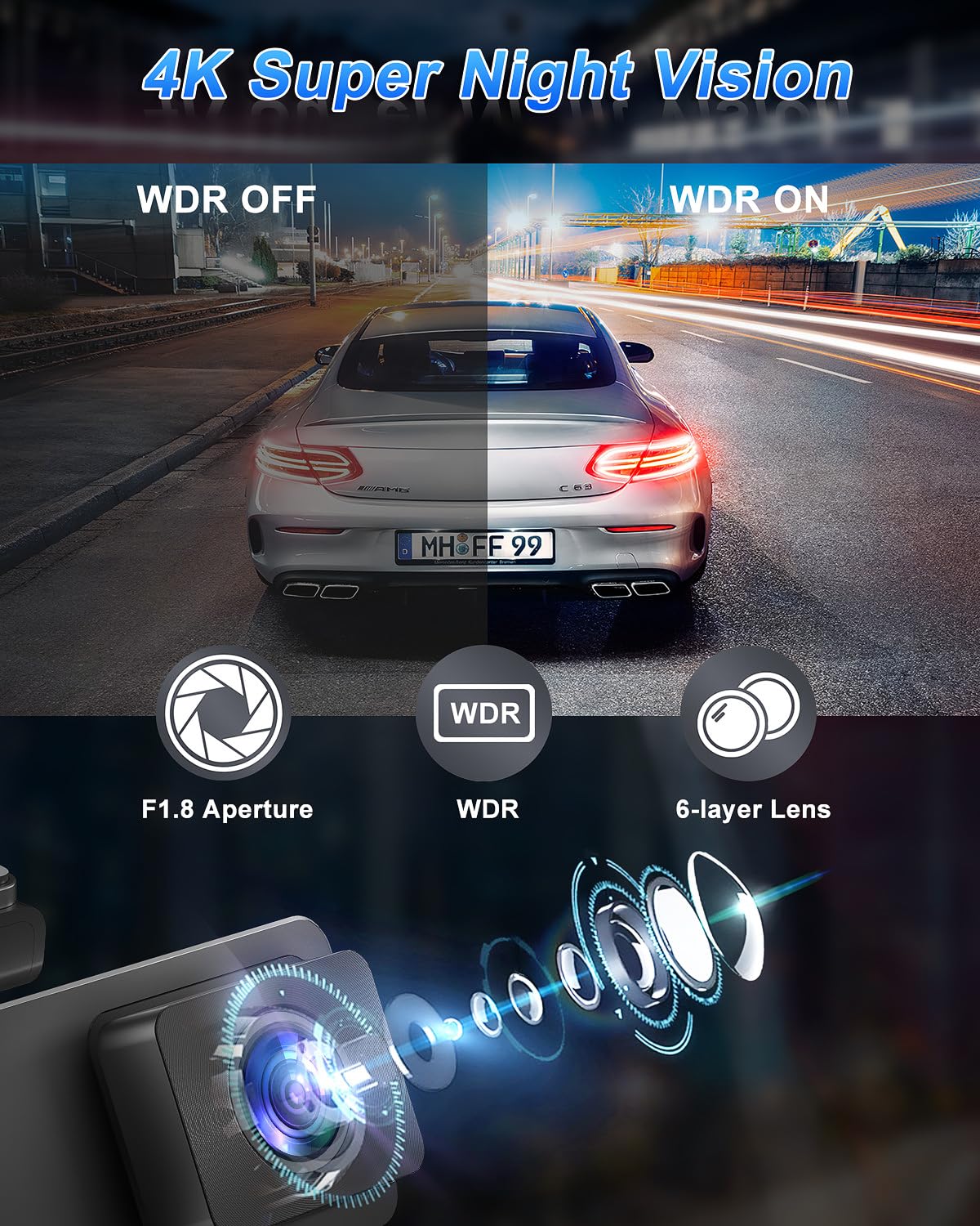 Dash Cam Front And Rear Camera 4K, Wifi Dash Camera For Cars Front And Rear With App, 4K+1080P Car Camera With 64Gb Card, 2.99''