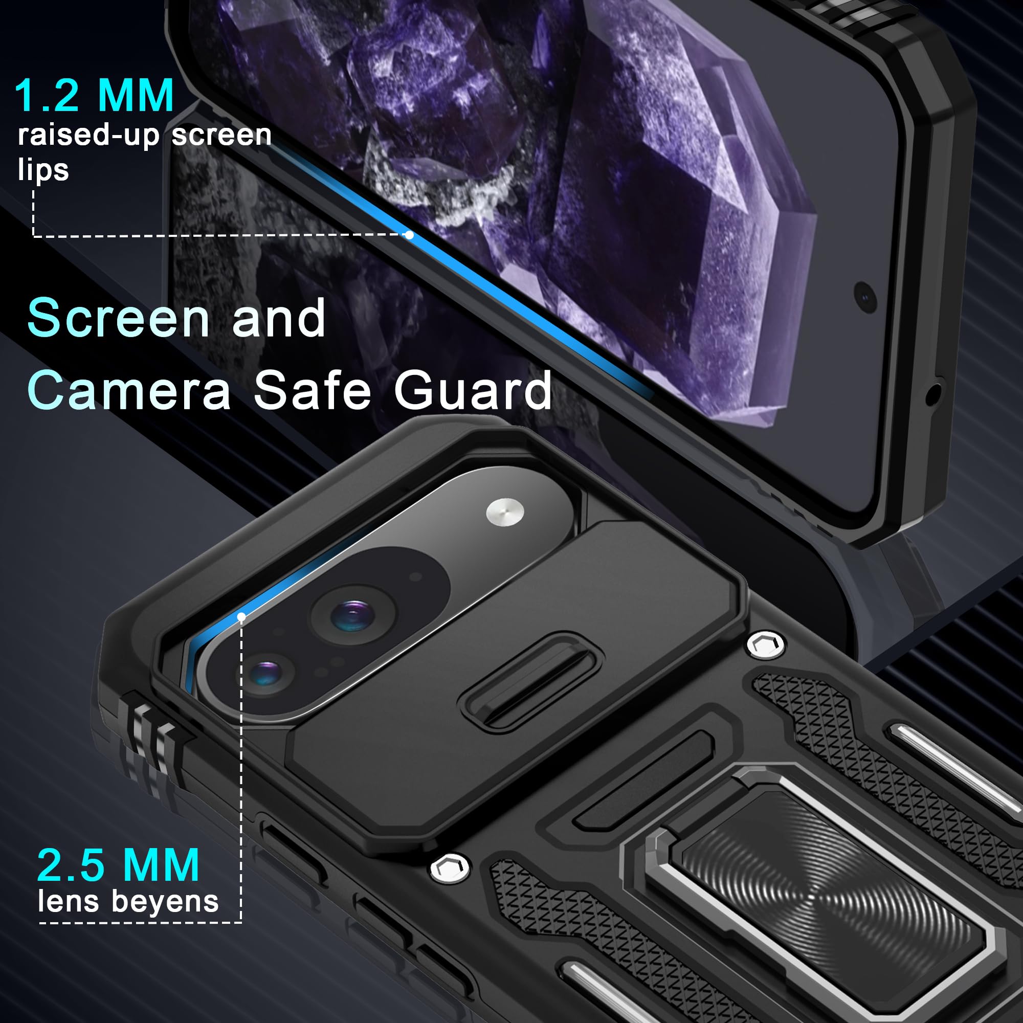 Deerlamn Case For Google Pixel 9/9 Pro With Slide Camera Cover+Screen Protector(1 Pack), Rotated Ring Kickstand Military Grade S