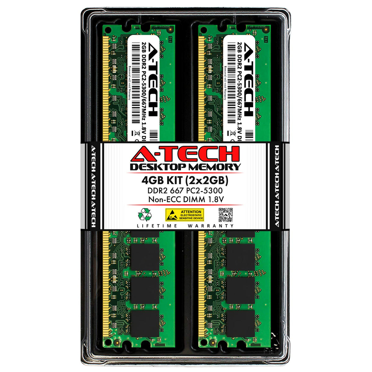 A-Tech 4Gb (2X2Gb) Ddr2 667Mhz Dimm Pc2-5300 1.8V Cl5 240-Pin Non-Ecc Udimm Desktop Ram Memory Upgrade Kit