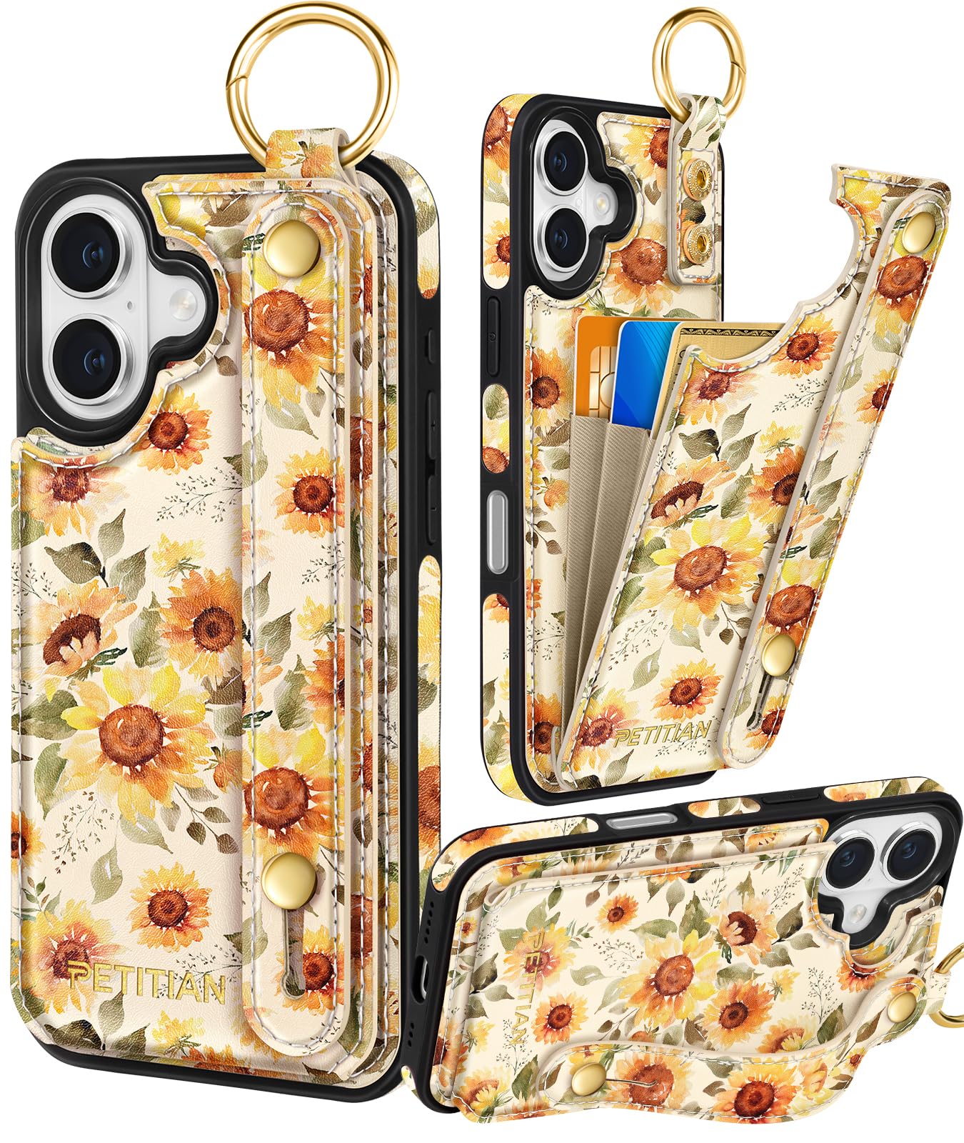 Petitian for iPhone 16 Wallet Case - Women Girls Cute Girly Aesthetic Unique Design Leather Credit Card Holder Cardholder Stand 