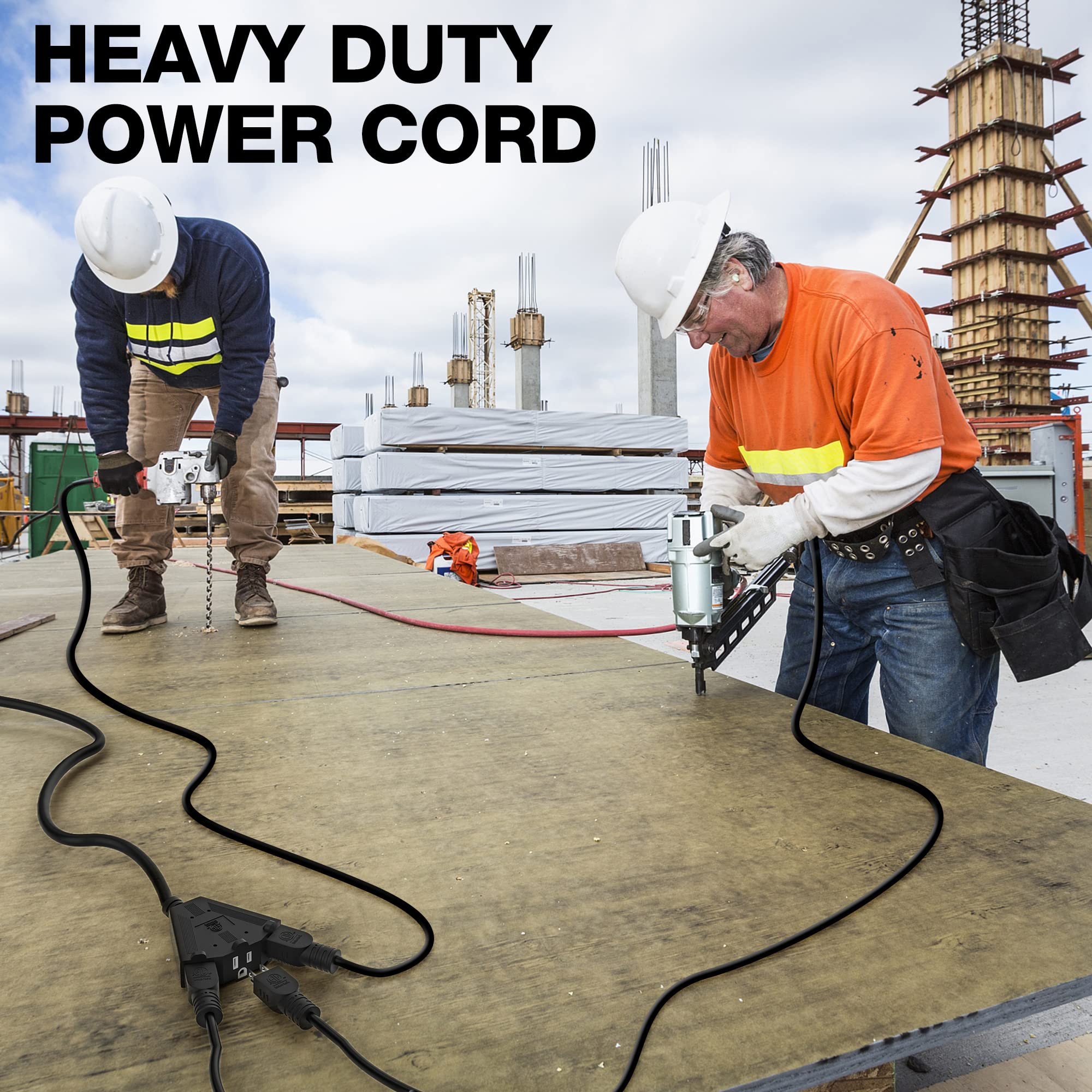 14/3 Gauge Heavy Duty Outdoor Extension Cord 20 Ft, 90 Degree Angled 3 Prong Plug, 14 Gauge Power Cable With 3 Outlets, 14Awg, 1