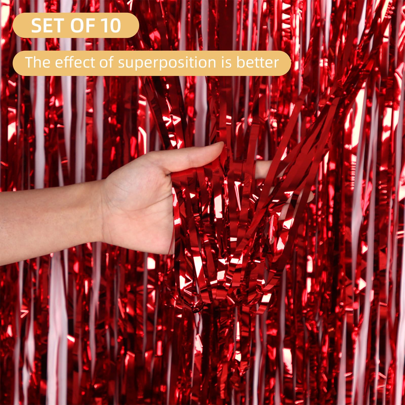 10 Pack Red Backdrop Curtain 3.2Ft X 8.2Ft Metallic Tinsel Foil Fringe Curtains Photo Booth Background For Birthday Party Decora