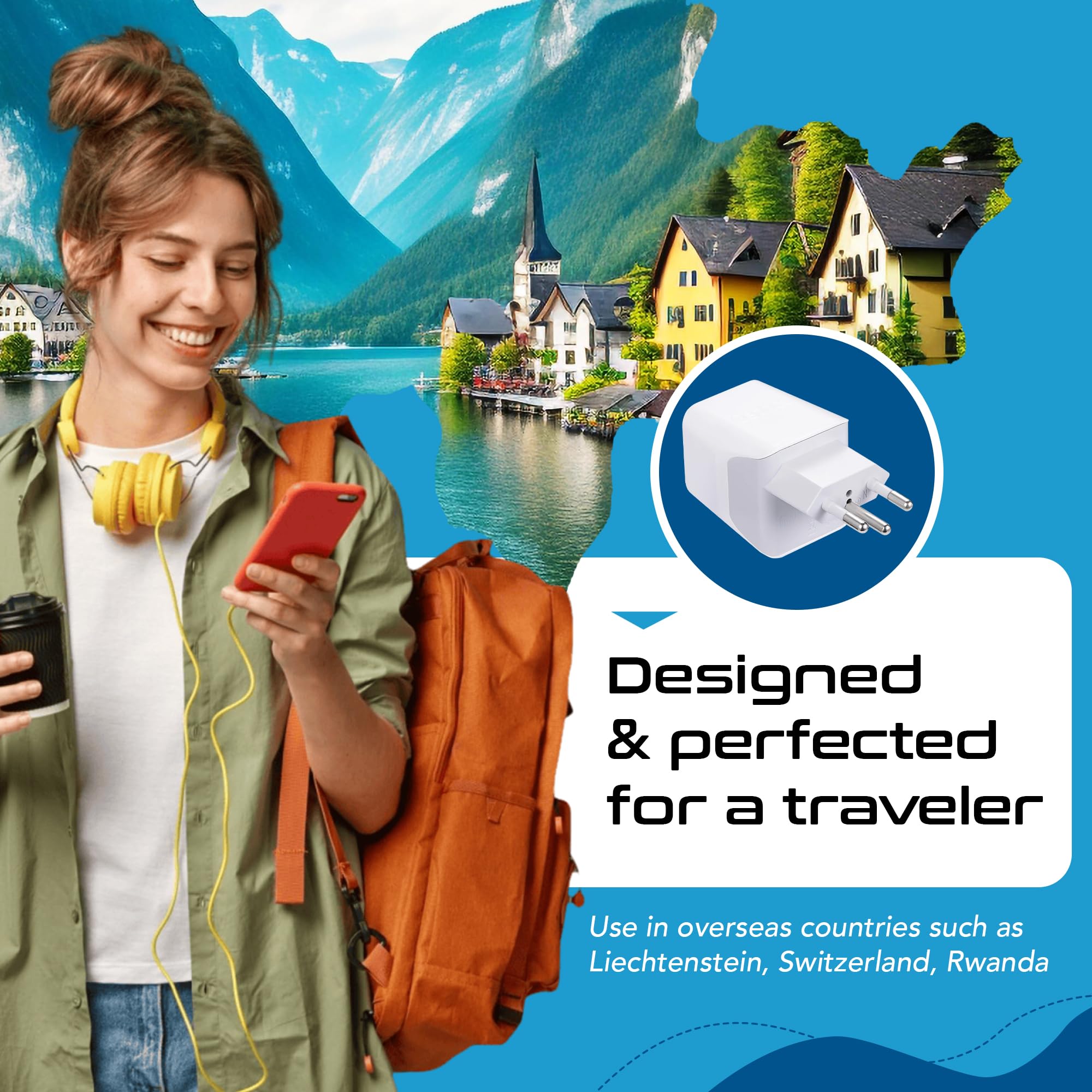 Ceptics Switzerland Travel Adapter Plug With Dual Usb + Usa Input - Type J - Ultra Compact - Safe Grounded For Laptops, Cell Pho