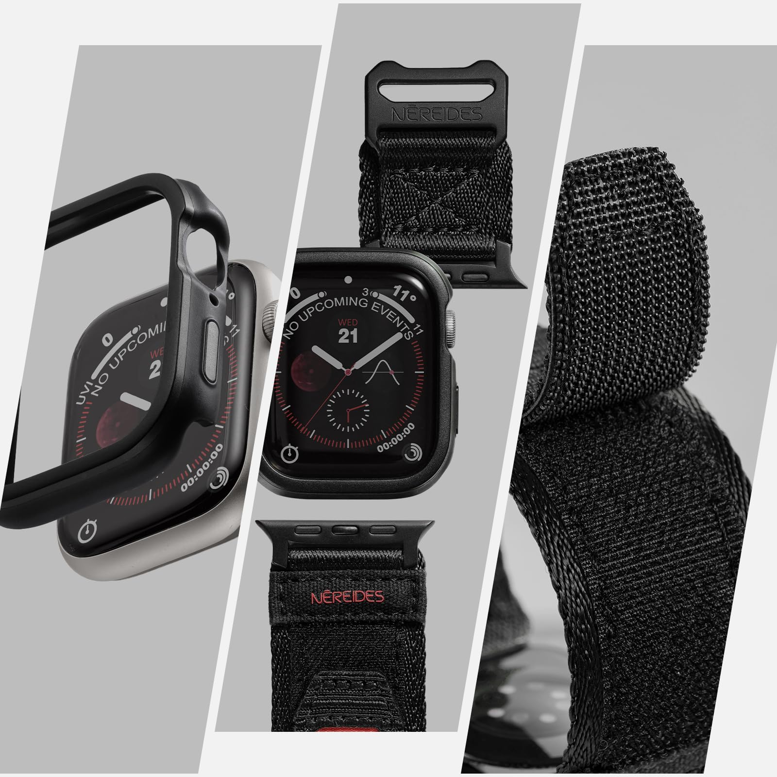 Rugged Case With Band For Apple Watch Series 9/8/7 Band 45Mm, Hook And Loop Nylon Sport Strap With Case For Iwatch Men(Black)