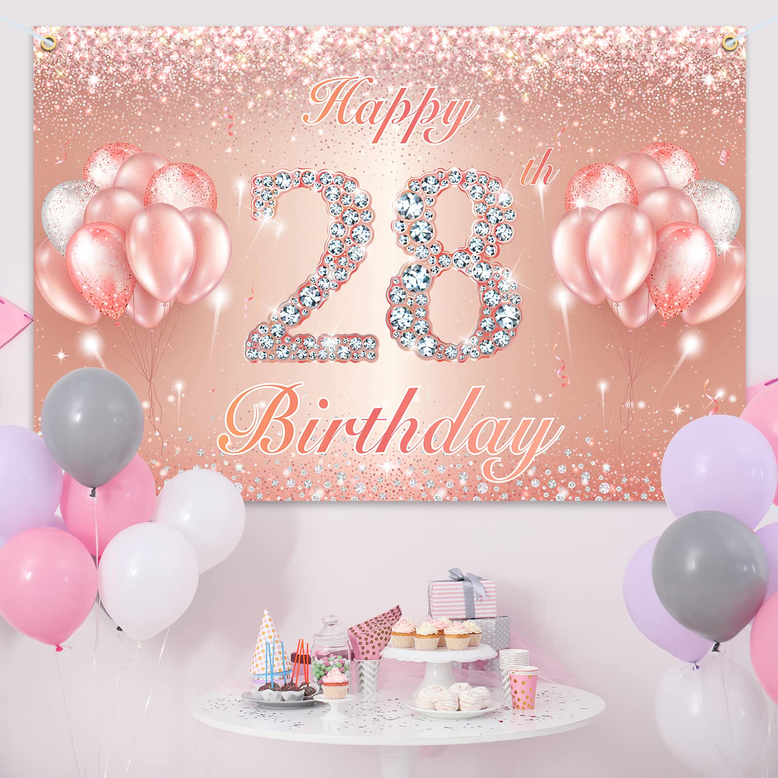 Happy 28Th Birthday Banner Backdrop   28 Birthday Party Decorations Supplies For Women Or Men   Rose Gold 4 X 6Ft
