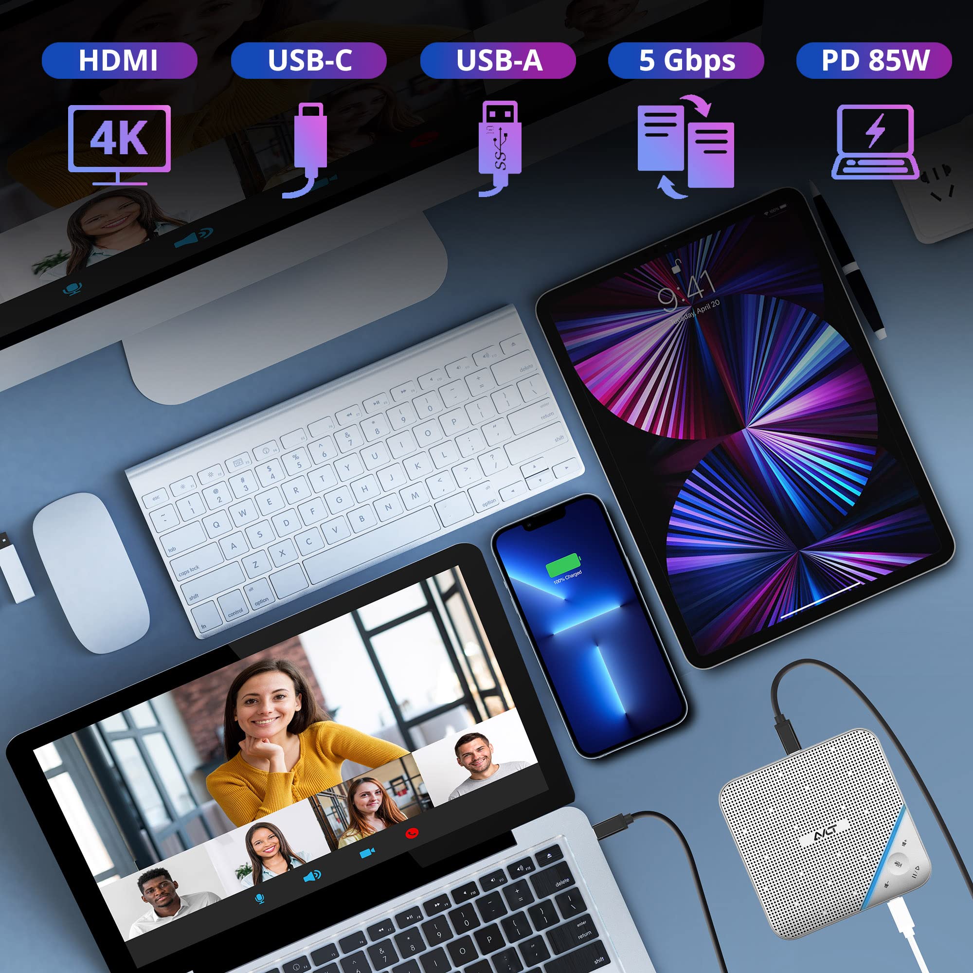 Avlt Usb C Speakerphone Hub 360 Omnidirectional Sound Conference Microphone Pd 85W Charging, 5Gbps Data Speed, External 4K Hdmi