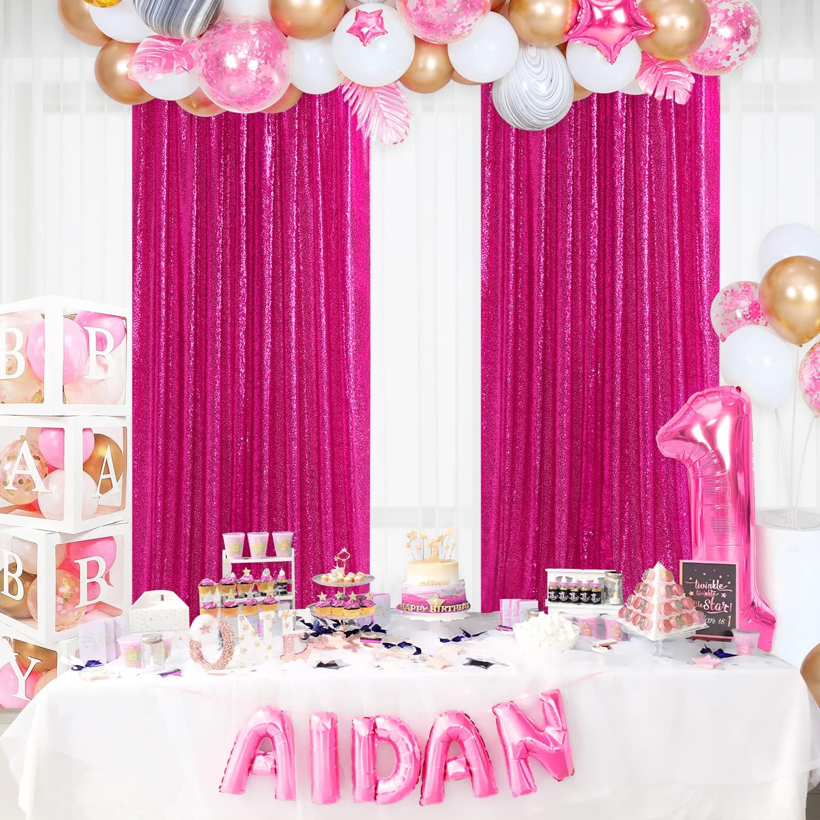Fuchsia Glitter Sequin Backdrop Curtains 6 Pieces 2Ftx8Ft Dessert Backdrop Wedding Party Decor Glitter Photography Background Ch