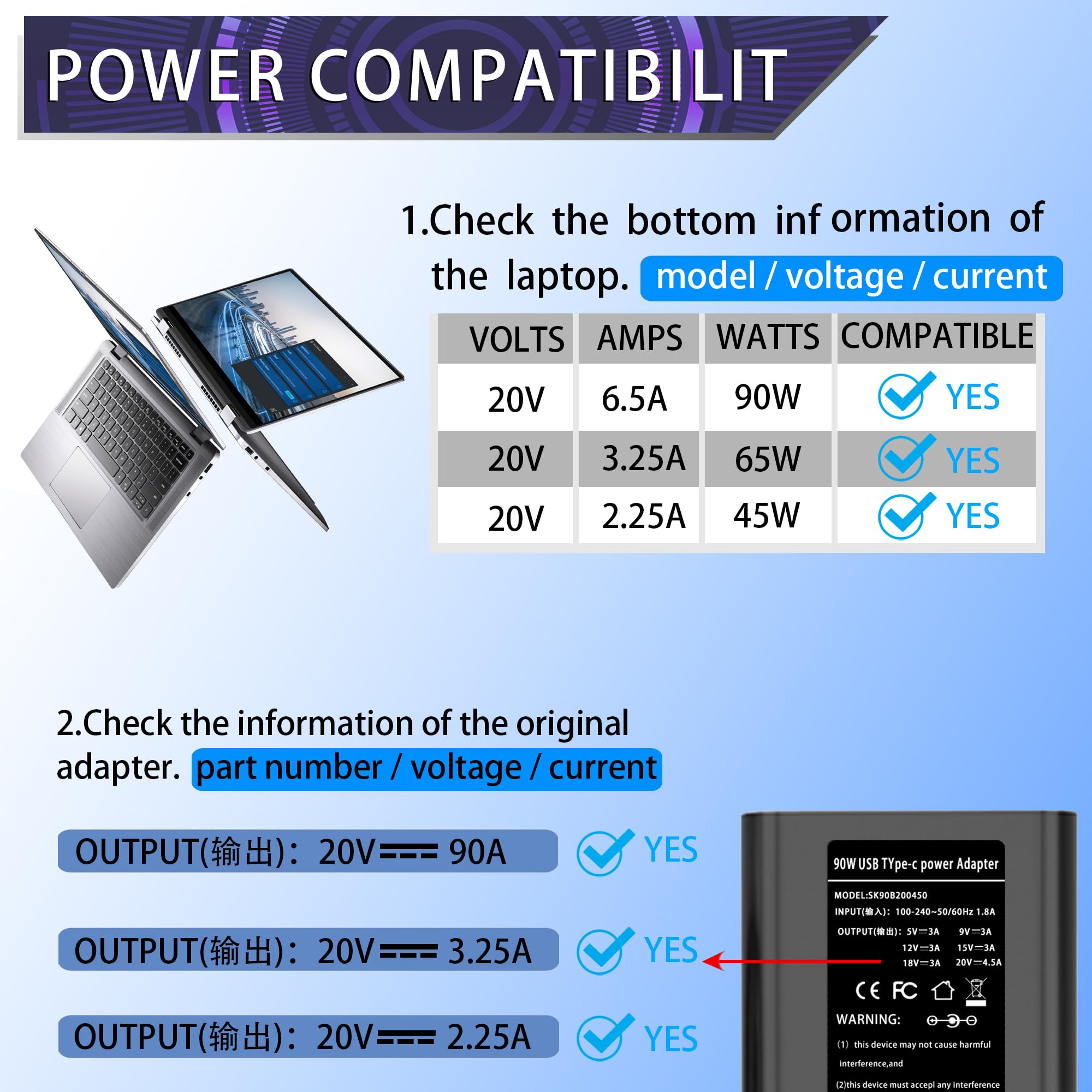 90W Type C Usb C Charger Replacement For Dell Latitude 3500, 3400, 5289, 5300 2In1, 7200 2In1, 7400 2In1, 7300, 7390 2In1, 9410