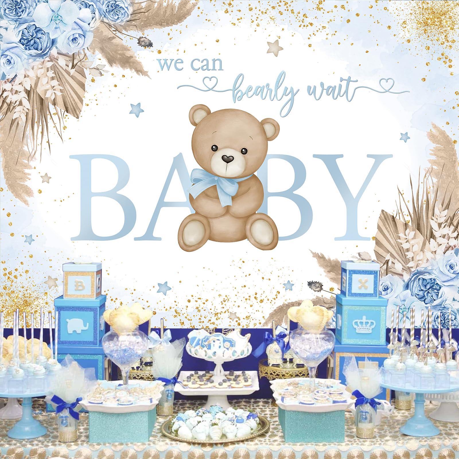 Mocsicka Boy Bear Backdrop Blue Boho Pampas Grass Background We Can Bearly Wait Baby Shower Party Cake Table Decoration Photo Bo