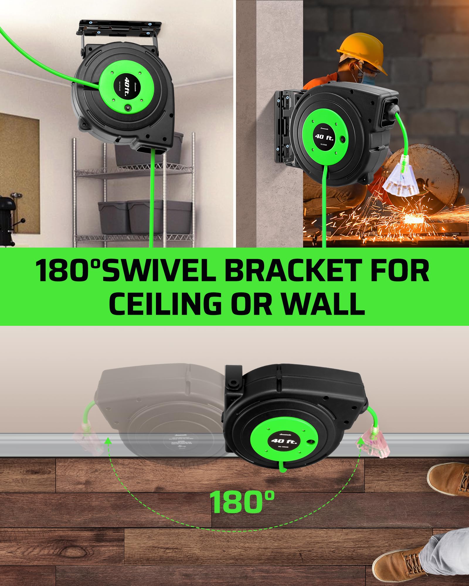 Dewenwils Retractable Extension Cord Reel, 40 Ft Heavy Duty Power Cord, 12/3C Sjtow Retractable Cord Reel, Lighted Triple Tap Ou