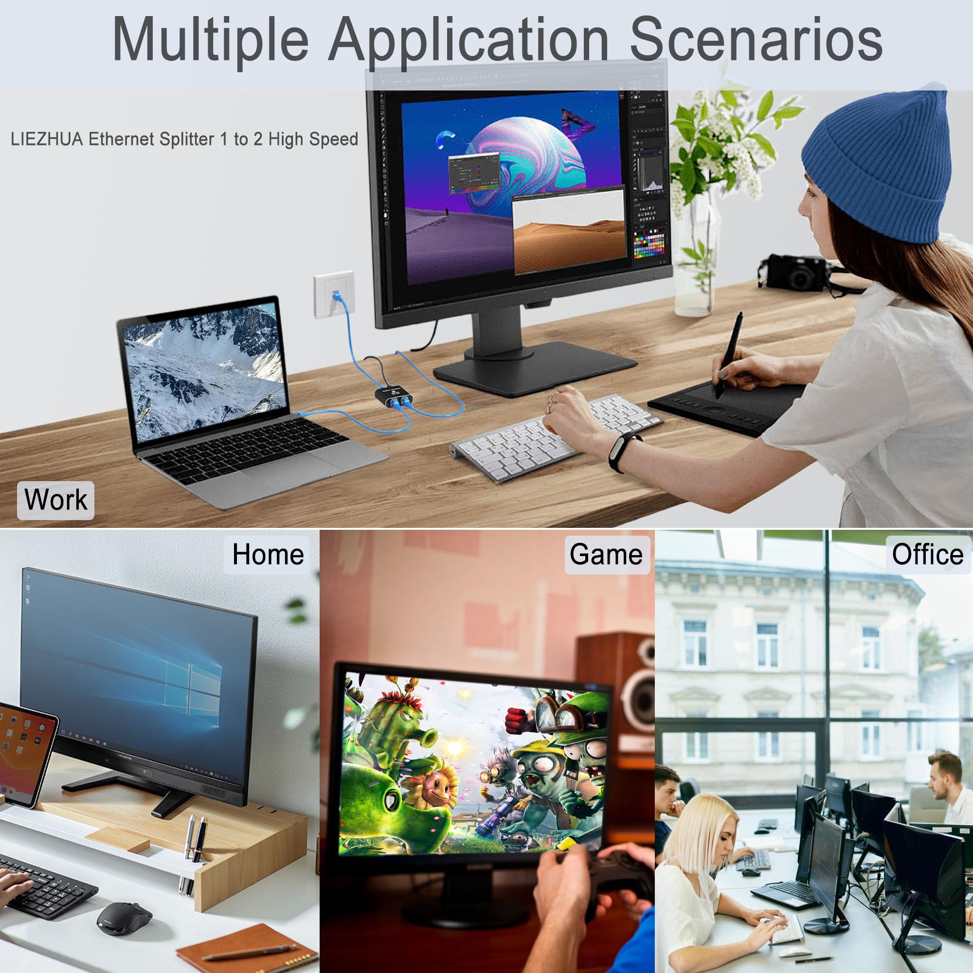 Liezhua Gigabit Ethernet Splitter 1 To 2   Network Splitter With Usb Power Cable, Rj45 Internet Splitter Adapter 1000Mbps High S