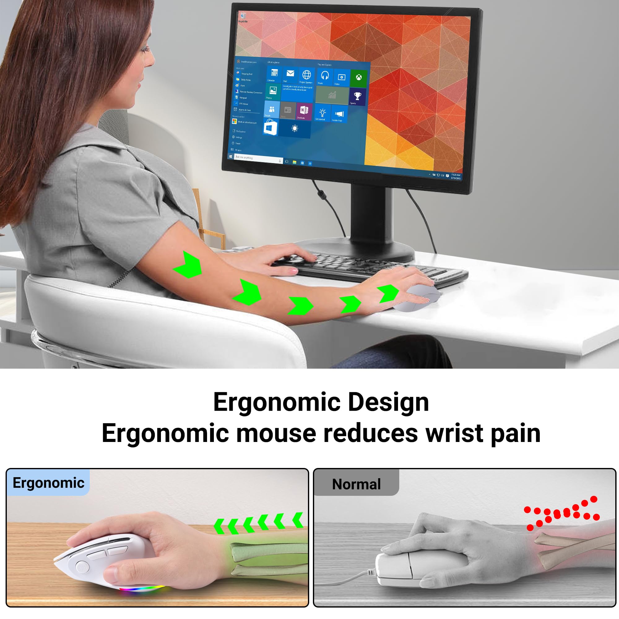 Ergonomic Mouse,Bluetooth Vertical Wireless Mouse,Led Rechargeable Optical Computer Mice, Portable(Bt5.2 Or Usb 2.4Ghz) Dual Mod