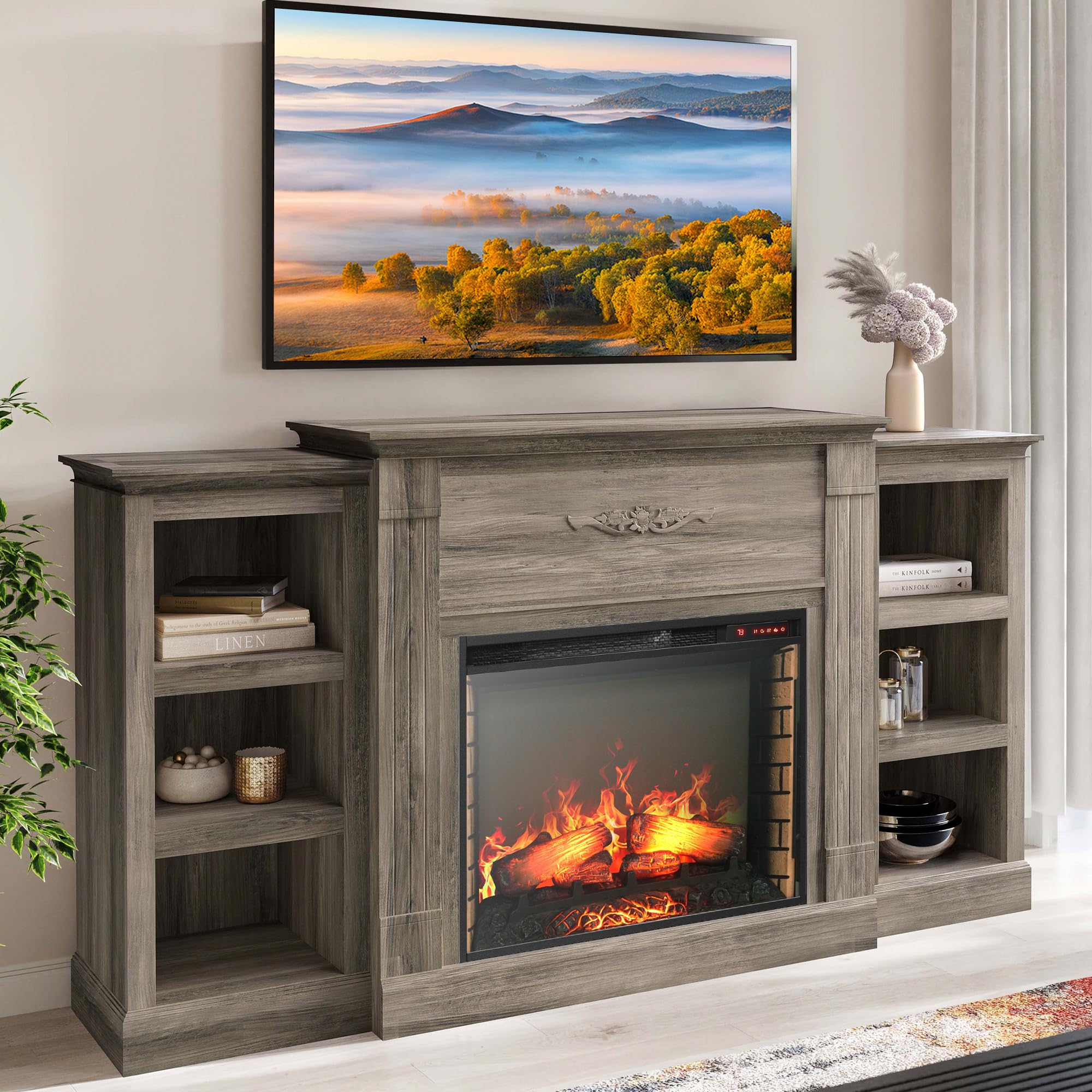 Belleze Modern 70 Electric Fireplace Heater Mantel Tv Stand & Media Entertainment Center For Tvs Up To 68 With Energy-Efficient