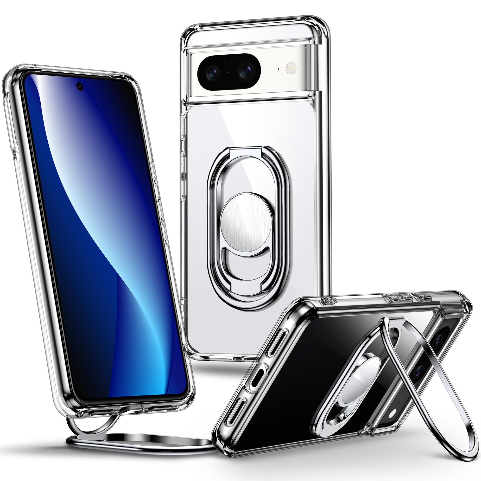 Shields Up for Google Pixel 8 Case with Stand, Pixel 8 Case Clear with Double Ring Holder [Adjustable & Foldable] Shockproof Pro