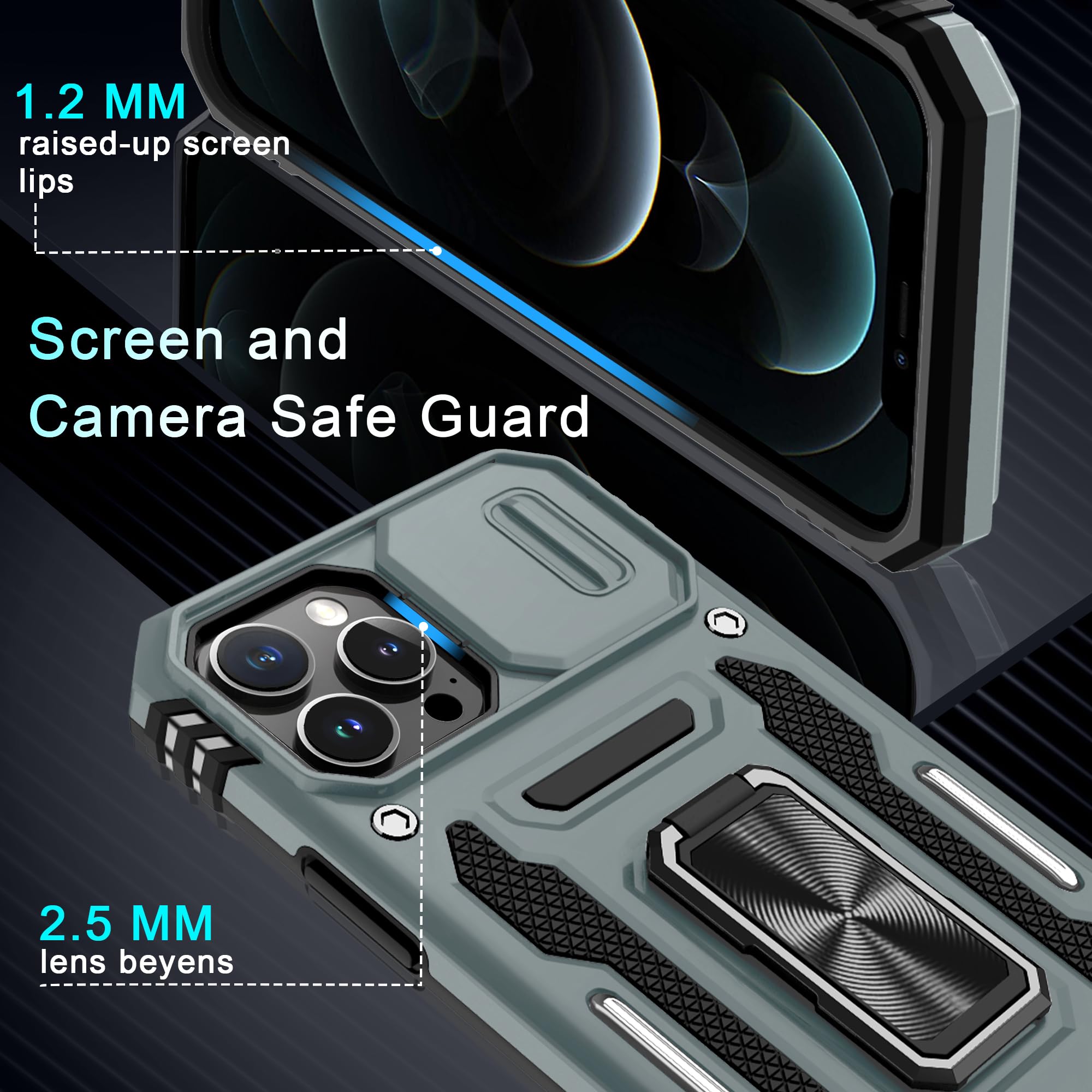 Deerlamn Case For Iphone 13 Pro Max With Slide Camera Cover+Screen Protector(1 Pack),Rotated Ring Kickstand Military Grade Shock