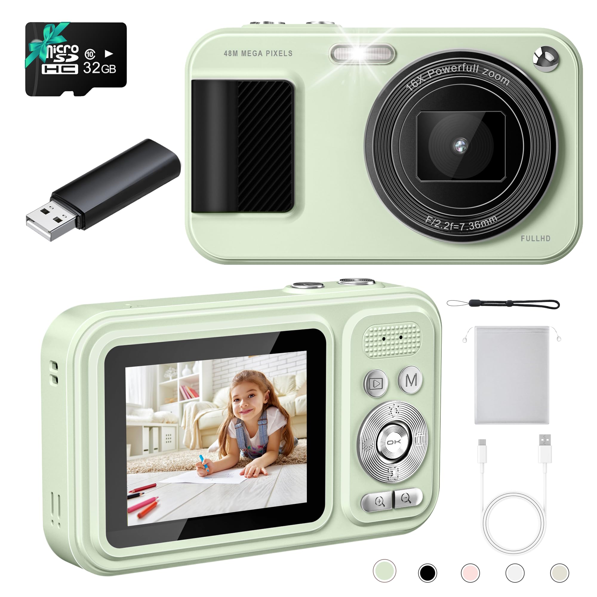 Jvscam Digital Camera, Autofocus 48Mp Point And Shoot Digital Cameras, Fhd 1080P Kids Camera With 32Gb Card, 16X Zoom Anti Shake