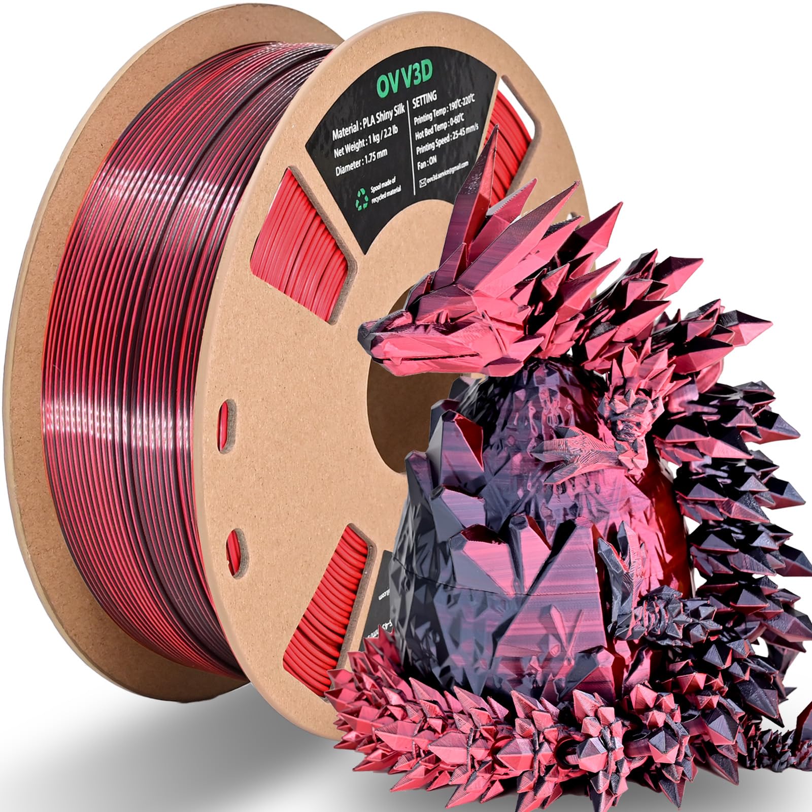 Ovv3D Pla Filament 1.75Mm, 3D Printer Filament Silk Pla Dual Color Pla Filament, Black Red Pla Filament, Color Change Every Inch