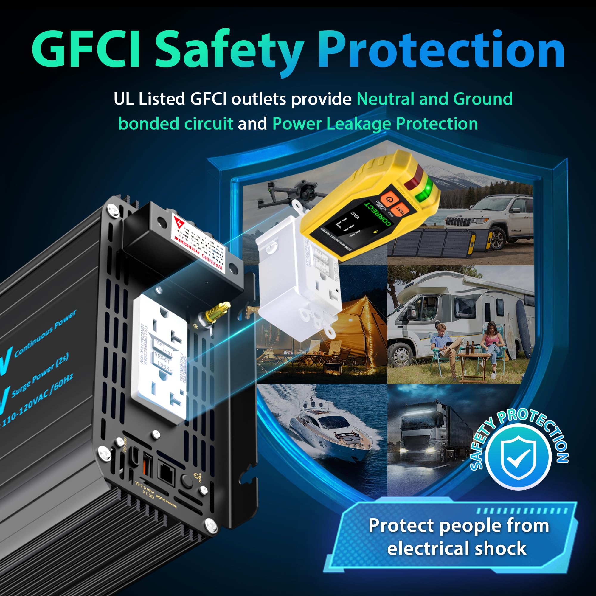 3000 Watt Power Inverter Pure Sine Wave With 6100Watt Surge For 2S 12V Dc To 120V Ac Converter,Ul Listed Gfci Outlets, Lithium B