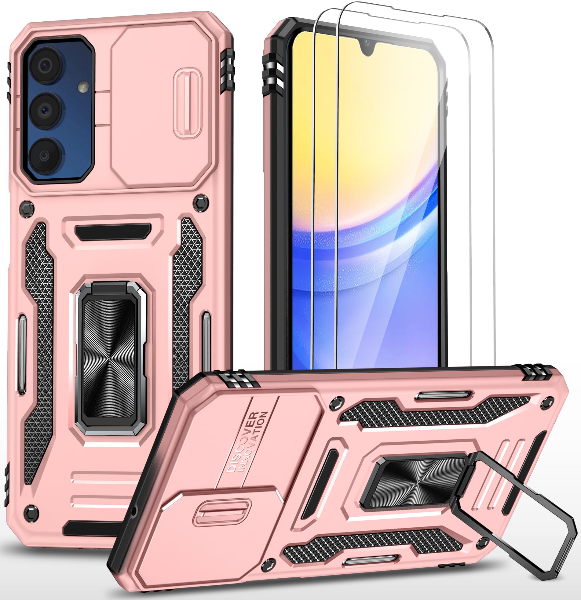 Ezanmull For Samsung Galaxy A15 5G Case With Slide Camera Cover + Screen Protector(2 Packs), Rotated Ring Kickstand Military Gra