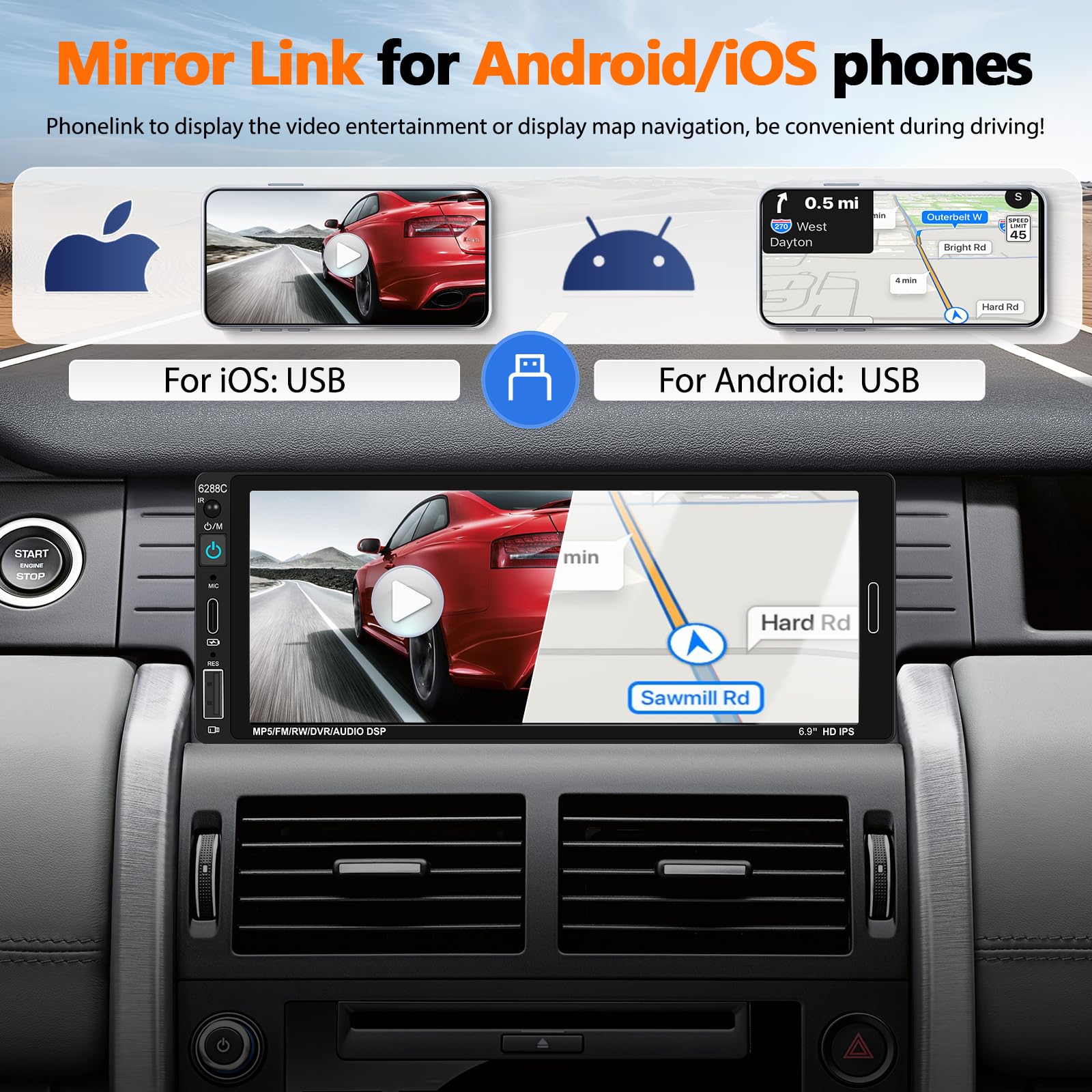 Unitopsci Single Din Bluetooth Car Stereo Compatible With Apple Carplay Android Auto 6.86 Inch Touch Screen Car Mp5 Player Mirro