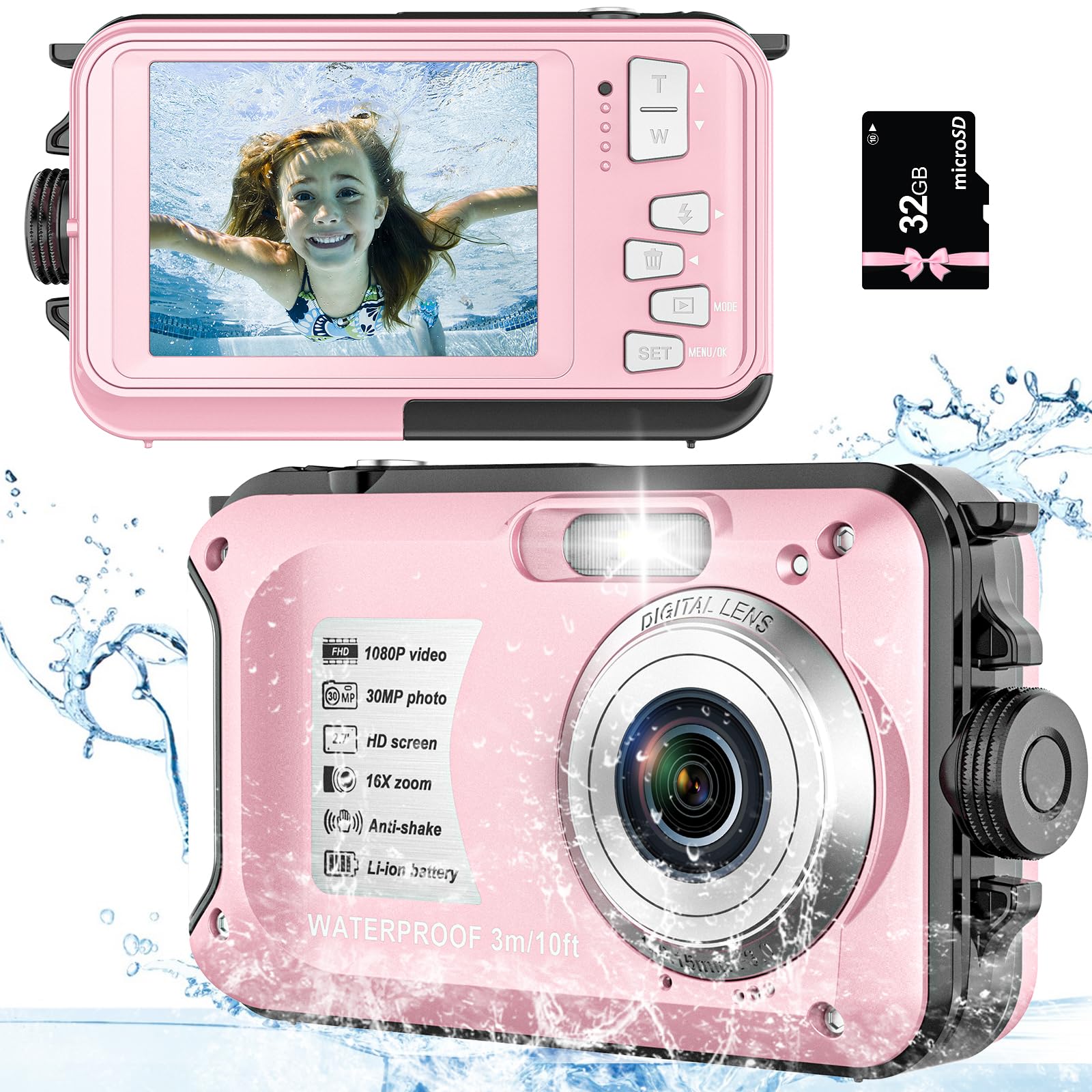 Underwater Camera With 32Gb Card Point And Shoot Waterproof Camera 10Ft 30Mp 1080P Fhd Video Compact Portable 16X Zoom Waterproo