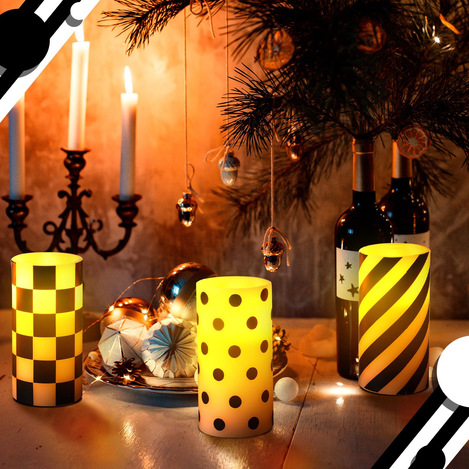 Roceei 3 Pcs Black And White Christmas Flameless Candles Battery Operated Flickering Candles Led Candles Real Wax Pillar Candle