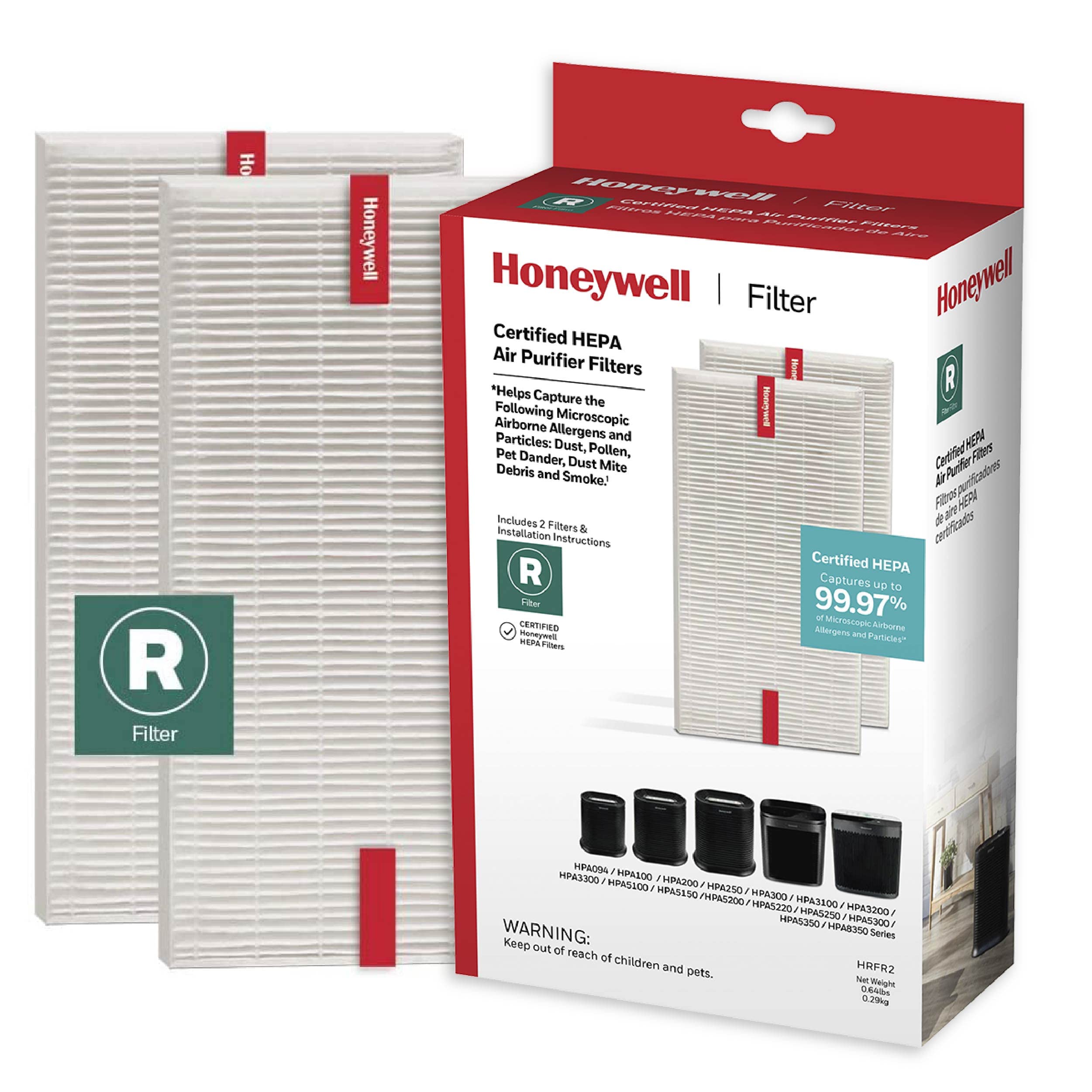 Honeywell HEPA Air Purifier Filter R, 2Pack for HPA 100/200/300 and 5000 Series  Airborne Allergen Air Filter Targets Wildfire