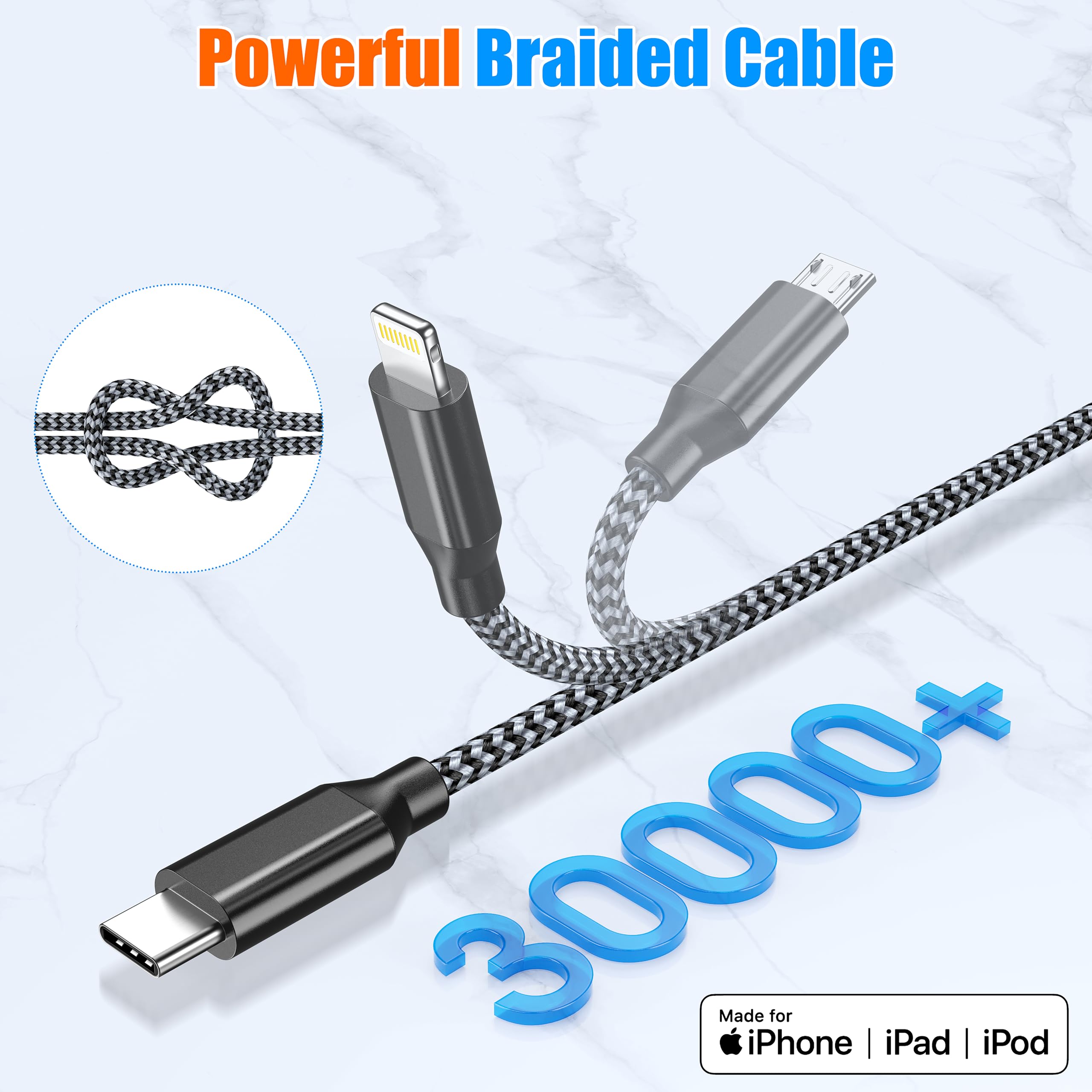 Lightning Cable 3 In 1 Multi Charging Cord 2Pack 4Ft Nylon Braided Multiple Iphone Charger Wire Mfi Certified Universal For Appl