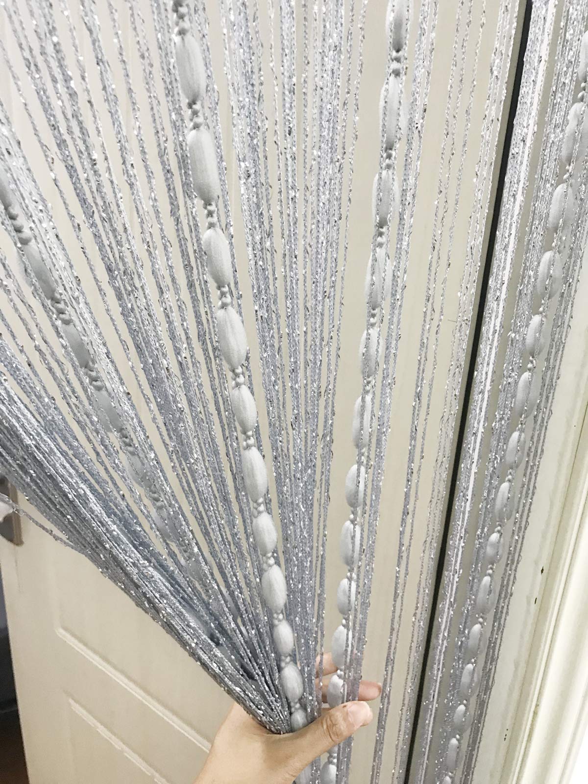 Eyotool Door String Curtain Flat Silver Ribbon Thread With Shaggy Tassel Room Divider, 39X79 (Grey-Style2)