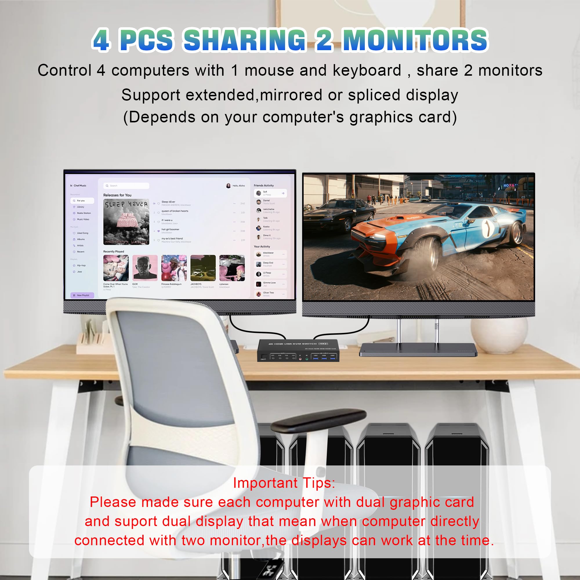 Usb 3.0 Hdmi Kvm Switch 2 Monitors 4 Computers, Support Edid, 4K@60Hz Kvm Switch Hdmi Dual Monitor 4 Pcs, With Audio Microphone