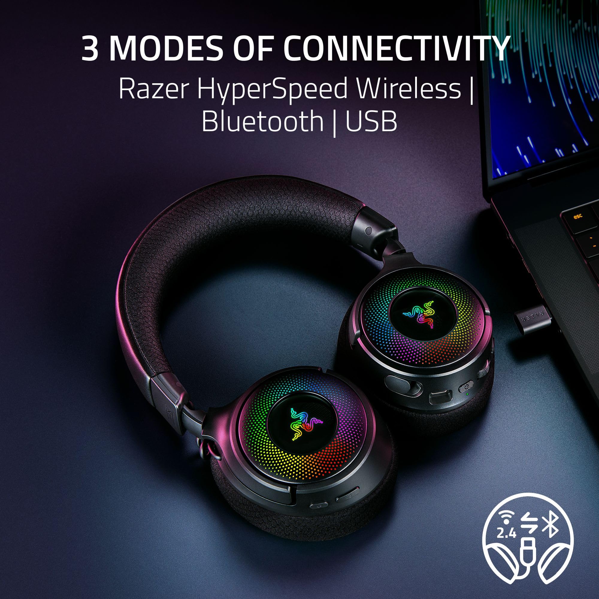 Razer Kraken V4 Wireless Gaming Headset: 2.4Ghz, Bluetooth, Usb   Super Wideband Mic   40 Mm Drivers   9 Zone Rgb Lighting   For