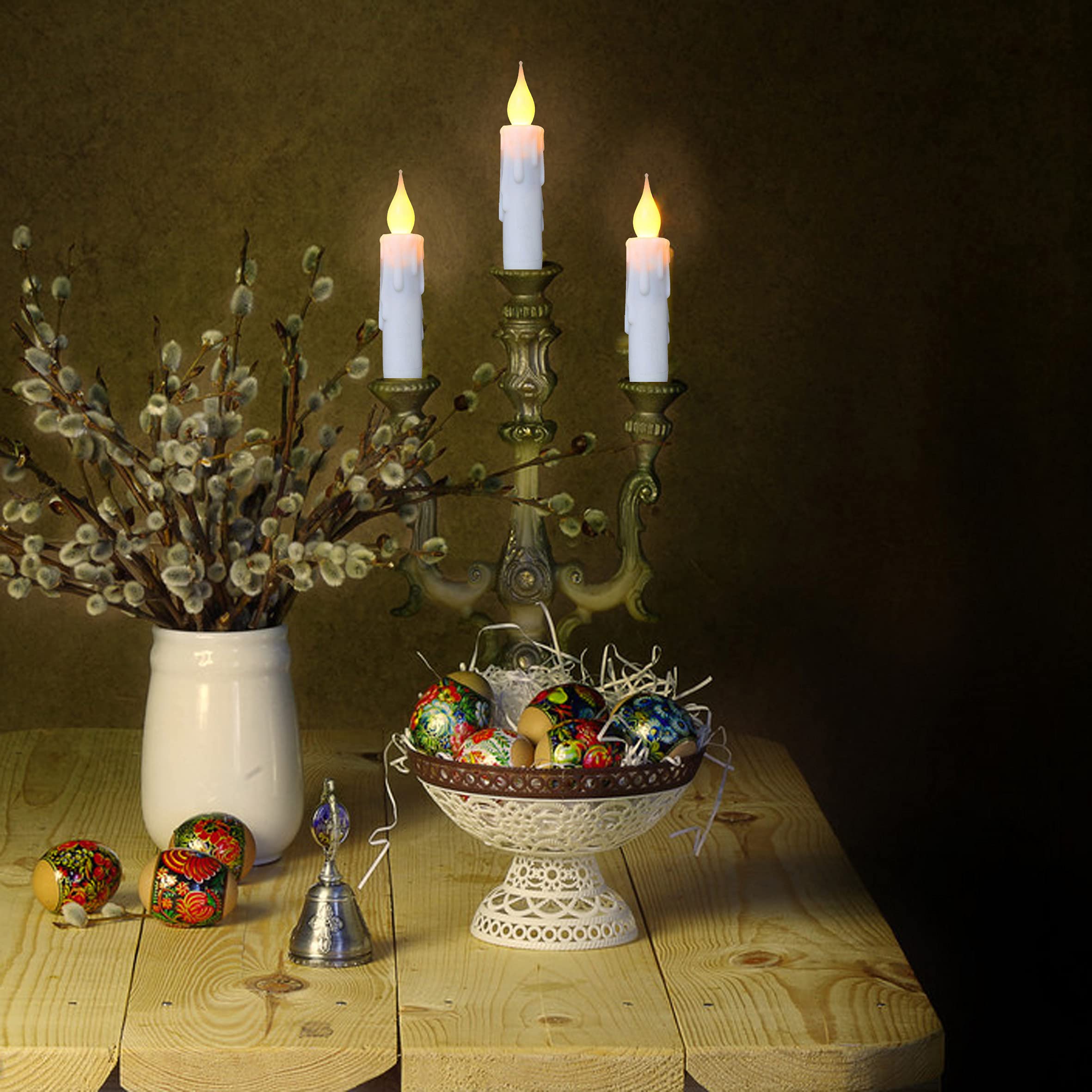 Lincountry.White Short Taper Candles Battery Operated Flickering Flame,Short Flameless Taper Candles With Timer Realistic,4.75In