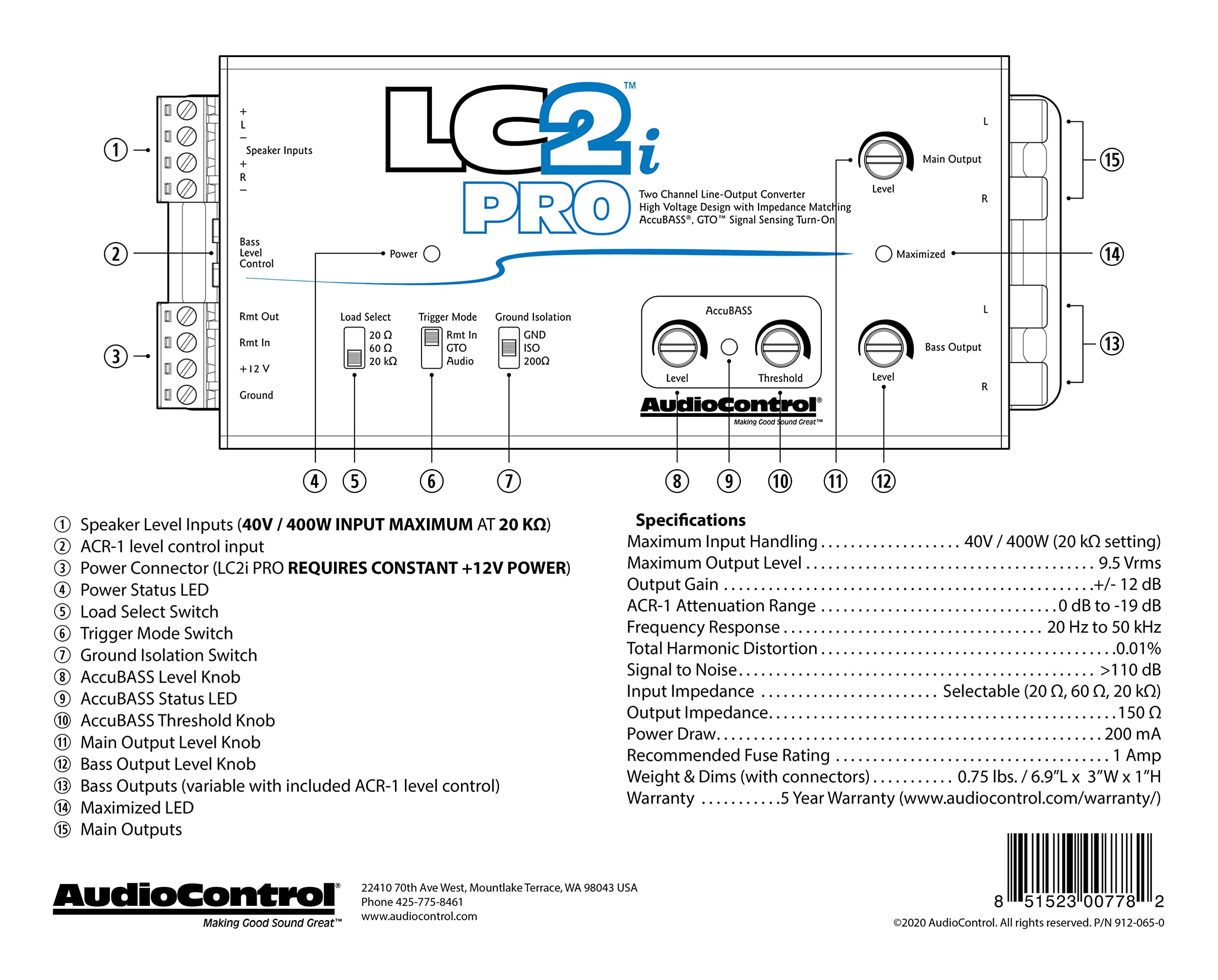 Audiocontrol Lc2I Pro 2 Channel Line Output Converter With Wireless Qi Universal Phone Charger Kit. Impedance Matching, Accubass, Gto, Audio Signal Sense, 12V Turn On And Acr 1 Dash Remote Sub Control