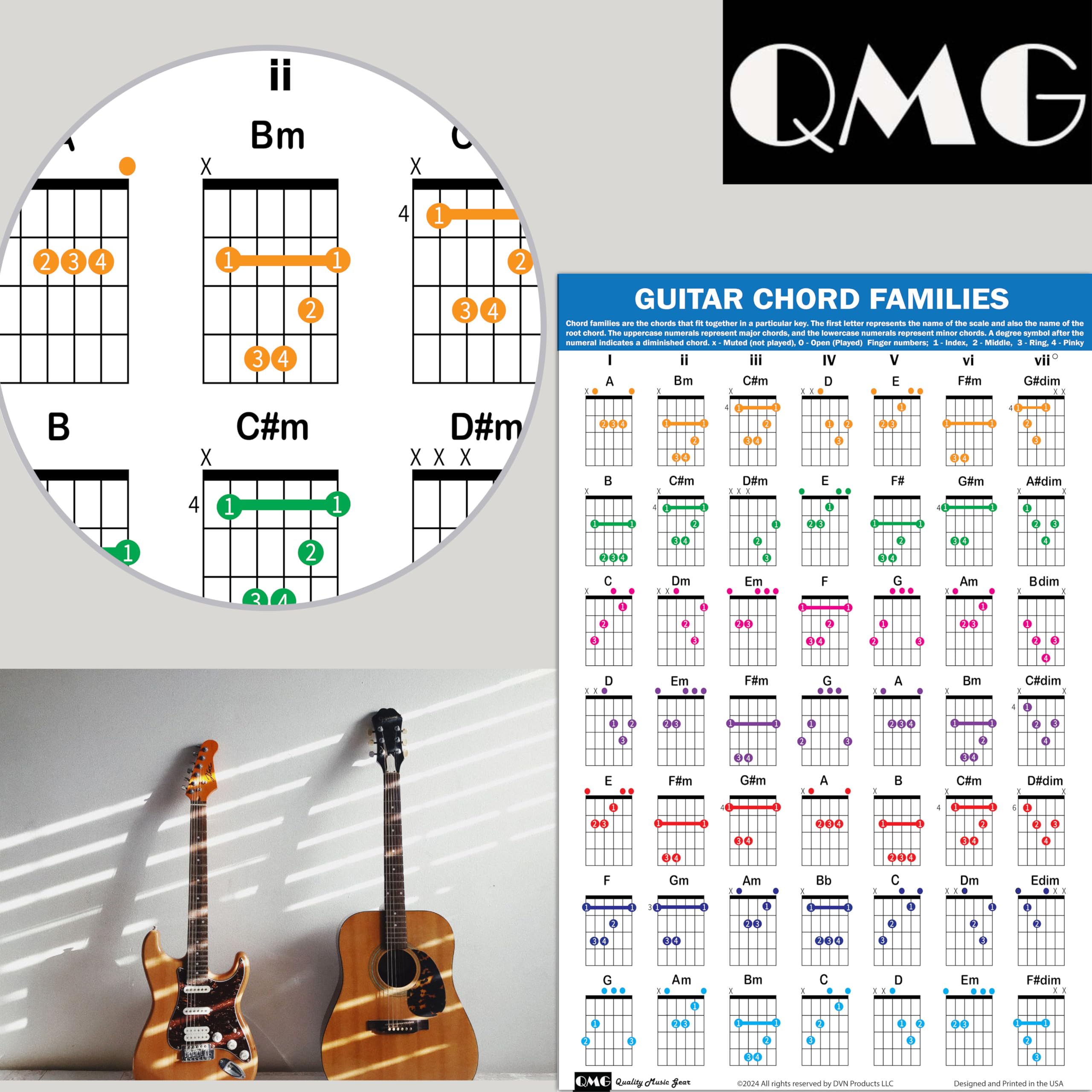 Qmg Guitar Chord Families Poster (11X17), Guitars Accessories, Laminated Guitar Chord Chart, 49 Color Coded Chords, Beginner Cho
