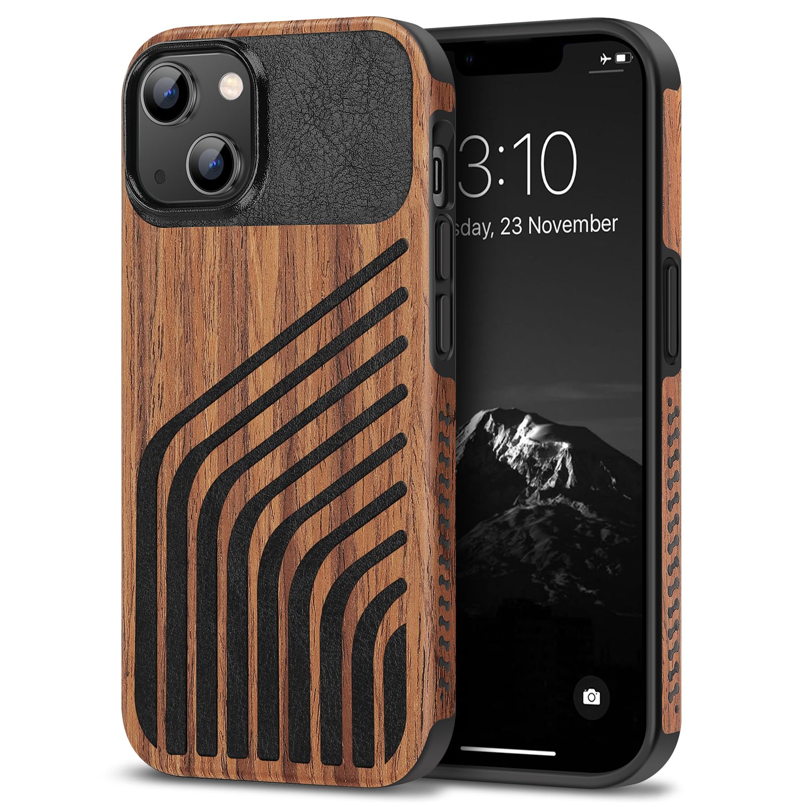 TENDLIN Compatible with iPhone 14 Plus Case Wood Grain with Carbon Fiber Texture Design Leather Hybrid Slim Case (Hairline)