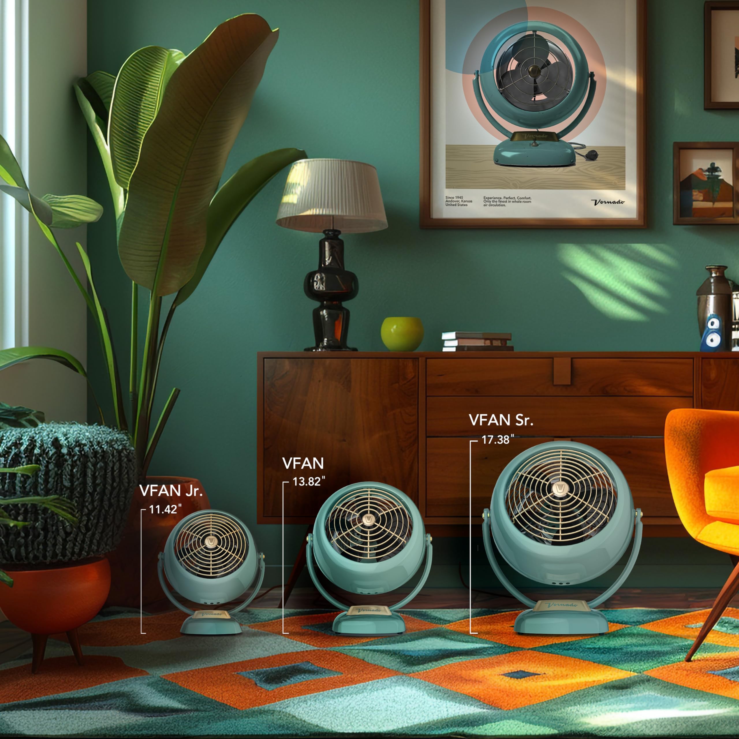 Vornado VFAN Sr. Vintage Fan - Large Retro Metal Air Circulator in Green, 3 Speeds, Adjustable Tilt for Cooling & Décor