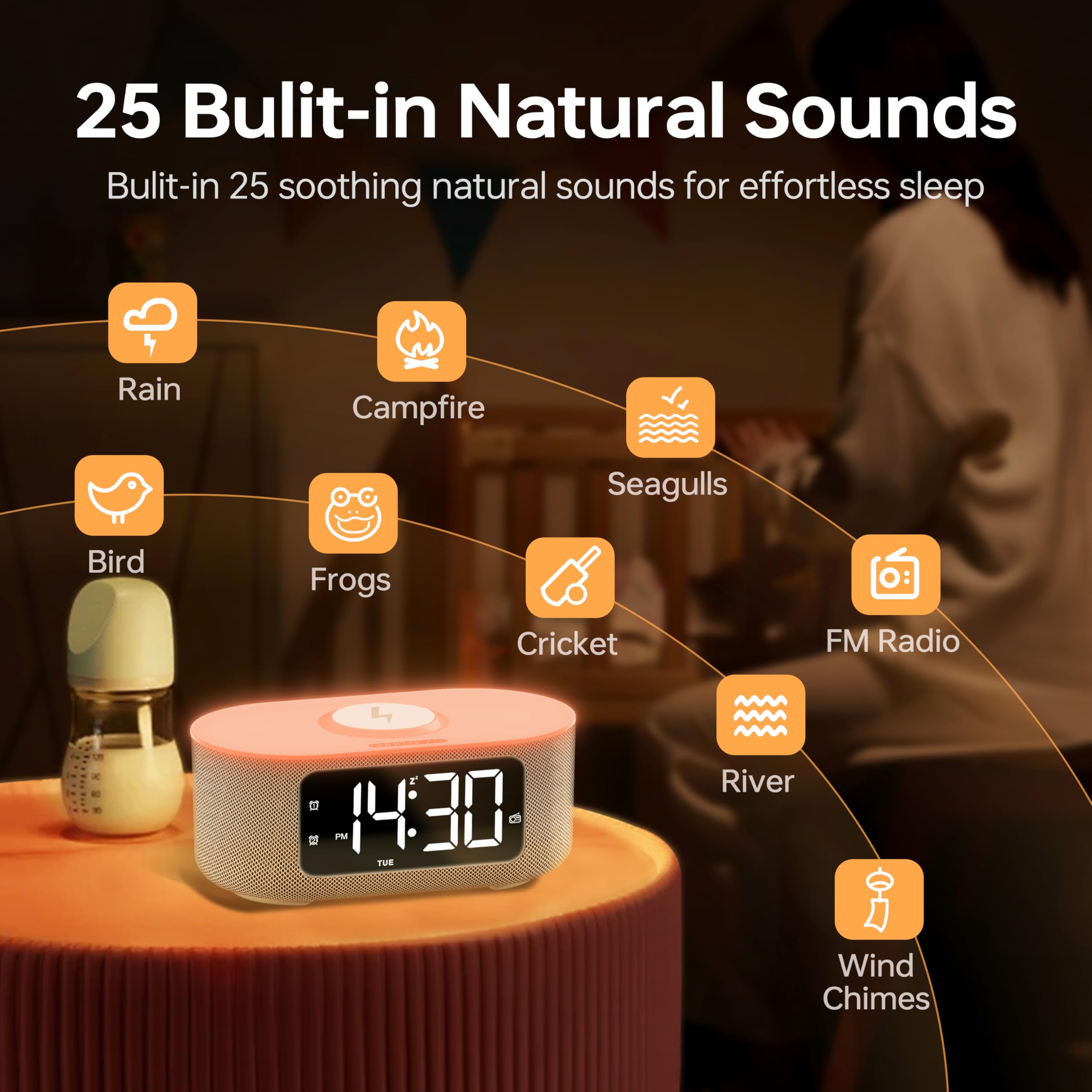 Jall Fabric Alarm Clock For Bedroom, With Big Led Screen Display, Bluetooth Stereo Sound Speaker, Fm Radio, Fast Wireless Chargi