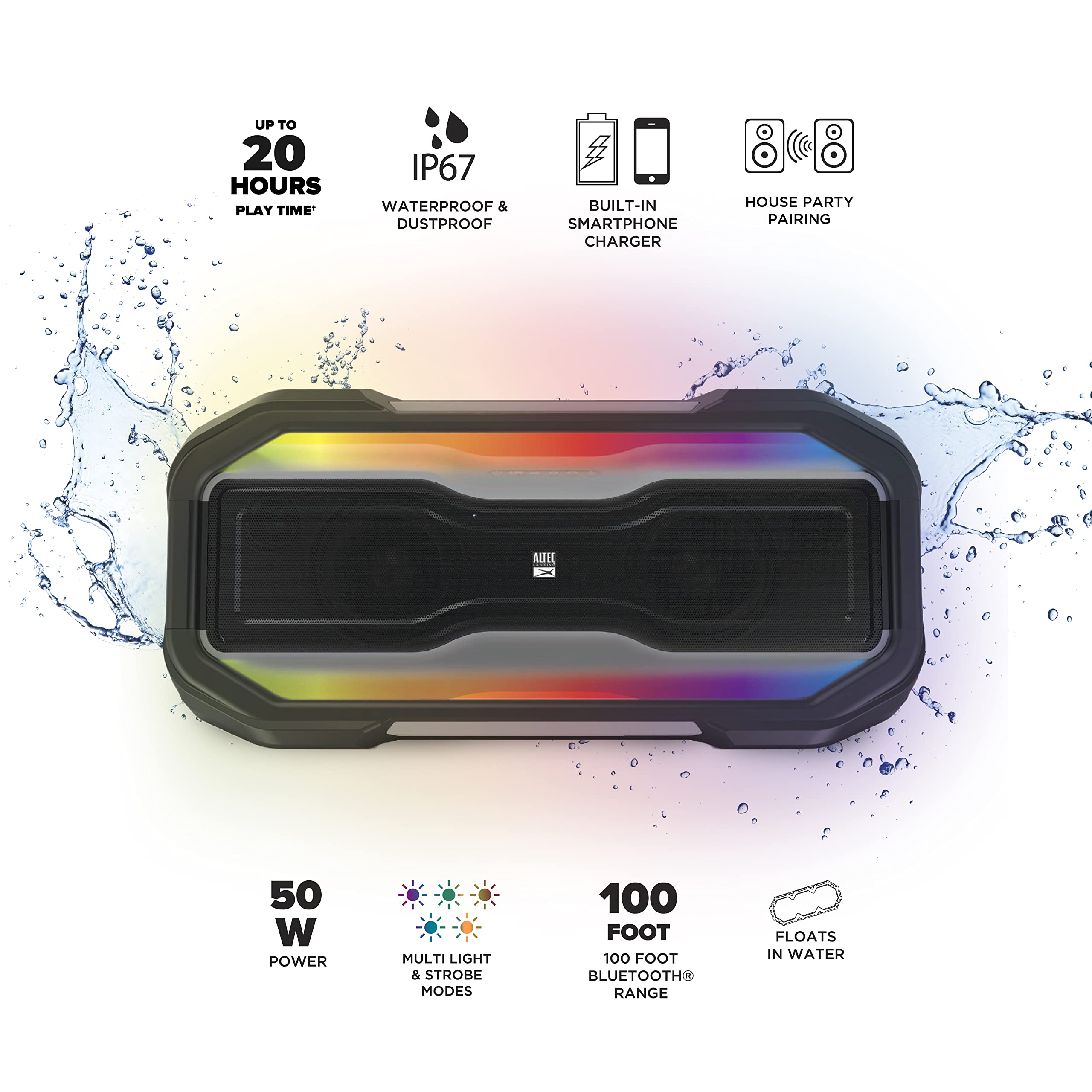 Altec Lansing Rockbox Xl Wireless Bluetooth Speaker, Portable Waterproof Speaker With 20 Hour Playtime And 5 Illuminating Led Li